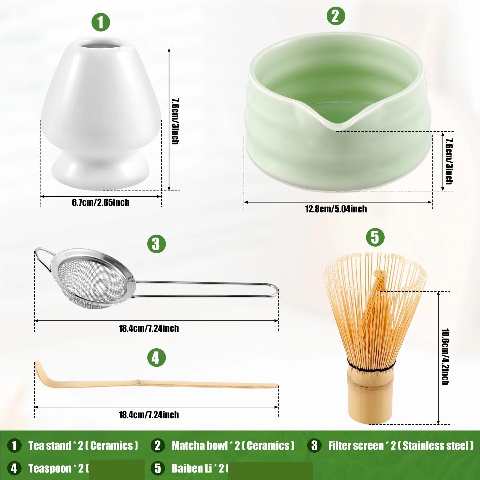 Juego de 3/10 batidores matcha, juego sólido, verde estable, batidor y tazón relajante, seguro con Juego de Té Matcha(Matcha Green)
