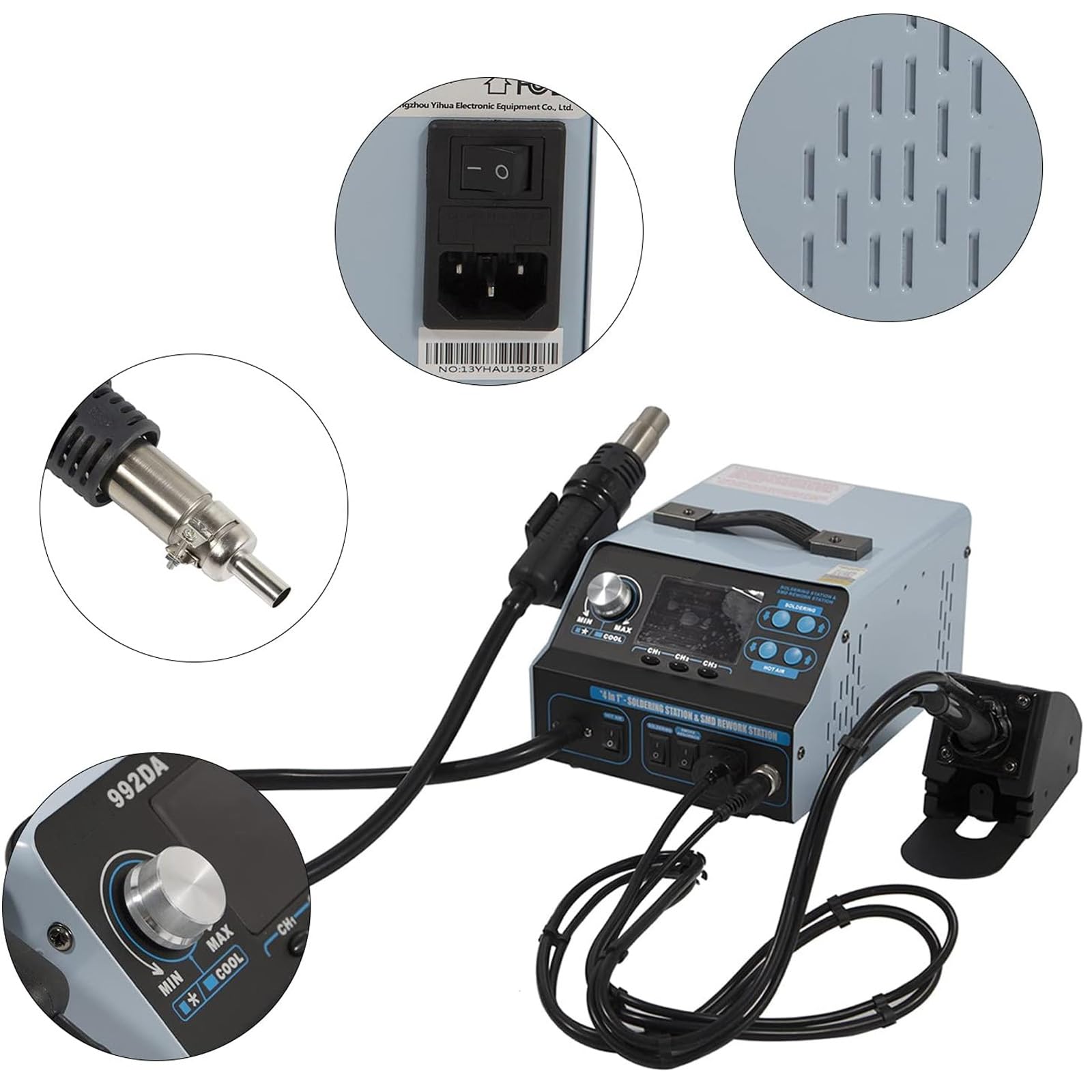 Cyfrowa stacja lutownicza na gorące powietrze, wyświetlacz LCD, regulowana temperatura, 850 W, precyzyjne dysze do lutowania i rozlutowywania, idealna do naprawy elektroniki