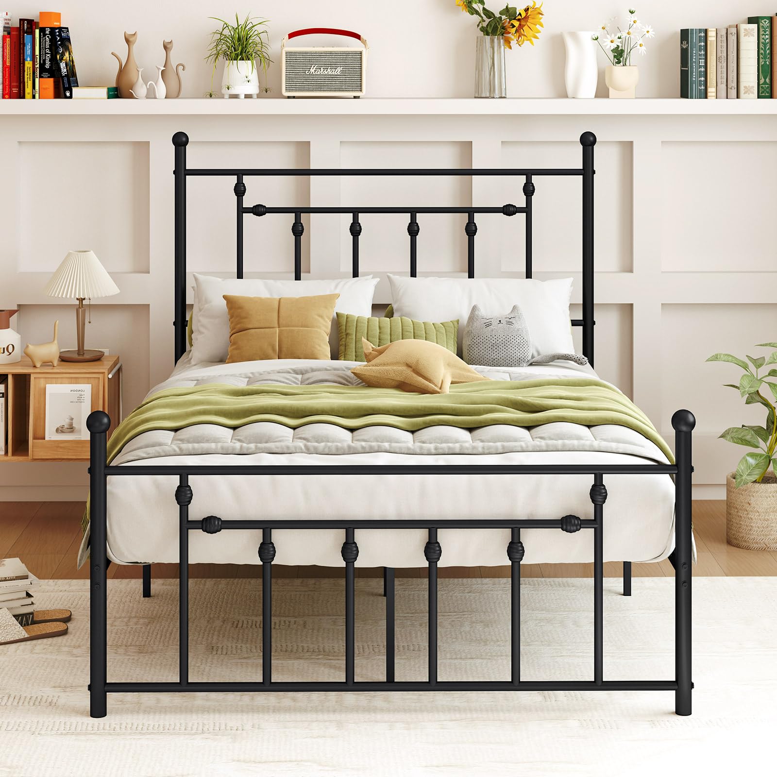 KOMFOTT Queen Size Metal Bed Frame with Headboard & Footboard, Victorian Style Heavy-duty Platform Bed with 12.5” Under-bed Storage & Metal Slats