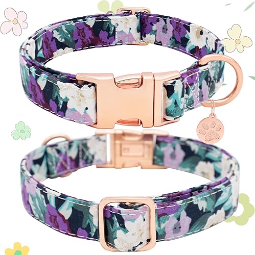 Miniatura 5 de Collar de algodón suave para perro, ajustable y duradero, bonito diseño floral con hebilla de liberación rápida, regalo para perros medianos, flor