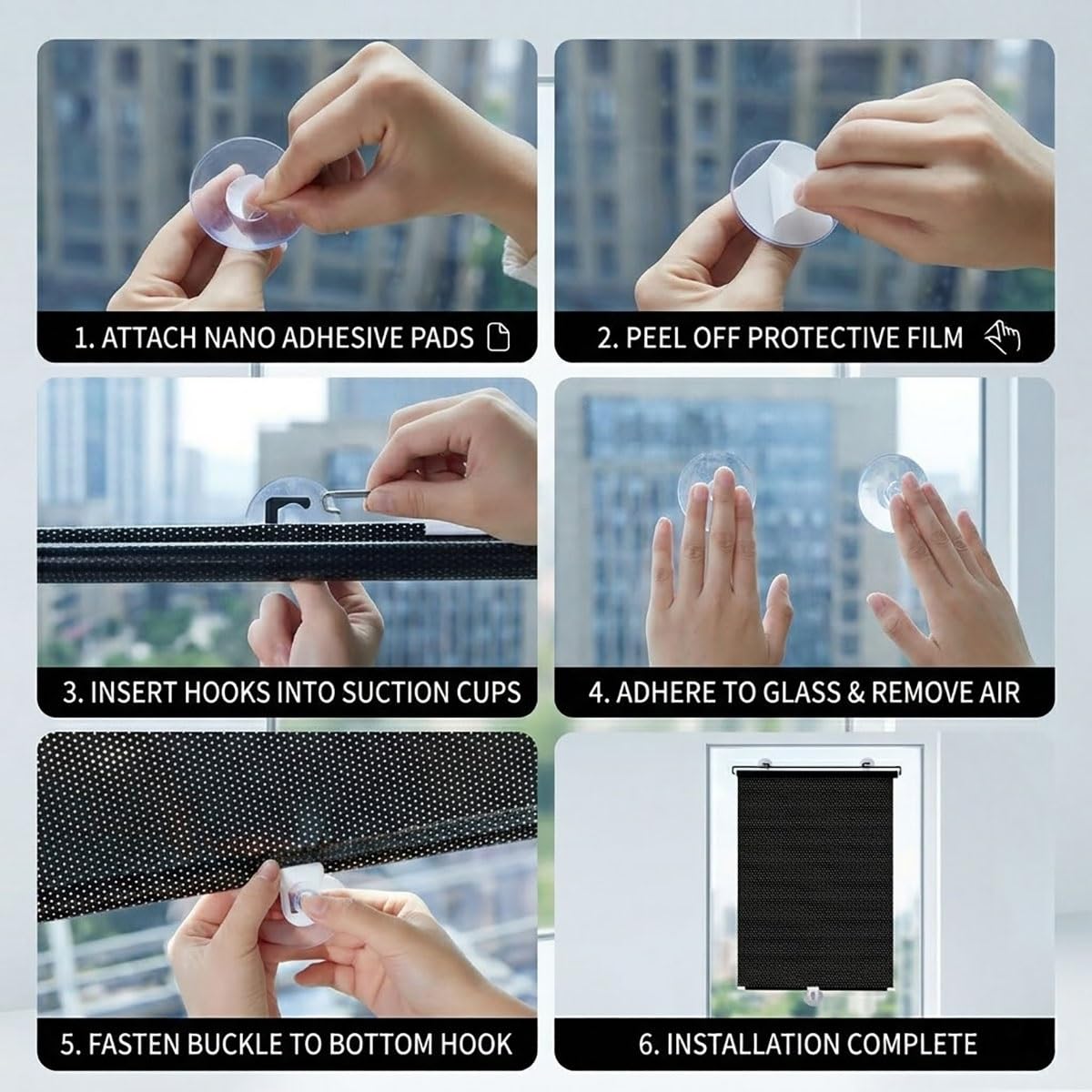 Verdunkelungsrollo ohne Bohren mit Saugnäpfen, Sonnenschutz Fenster innen, Sichtschutz Fensterrollo Saugnapf Verdunkelungsrollos, Einziehbarer Temporäre Jalousien für Küche(Schwarz,W75 x H165cm)