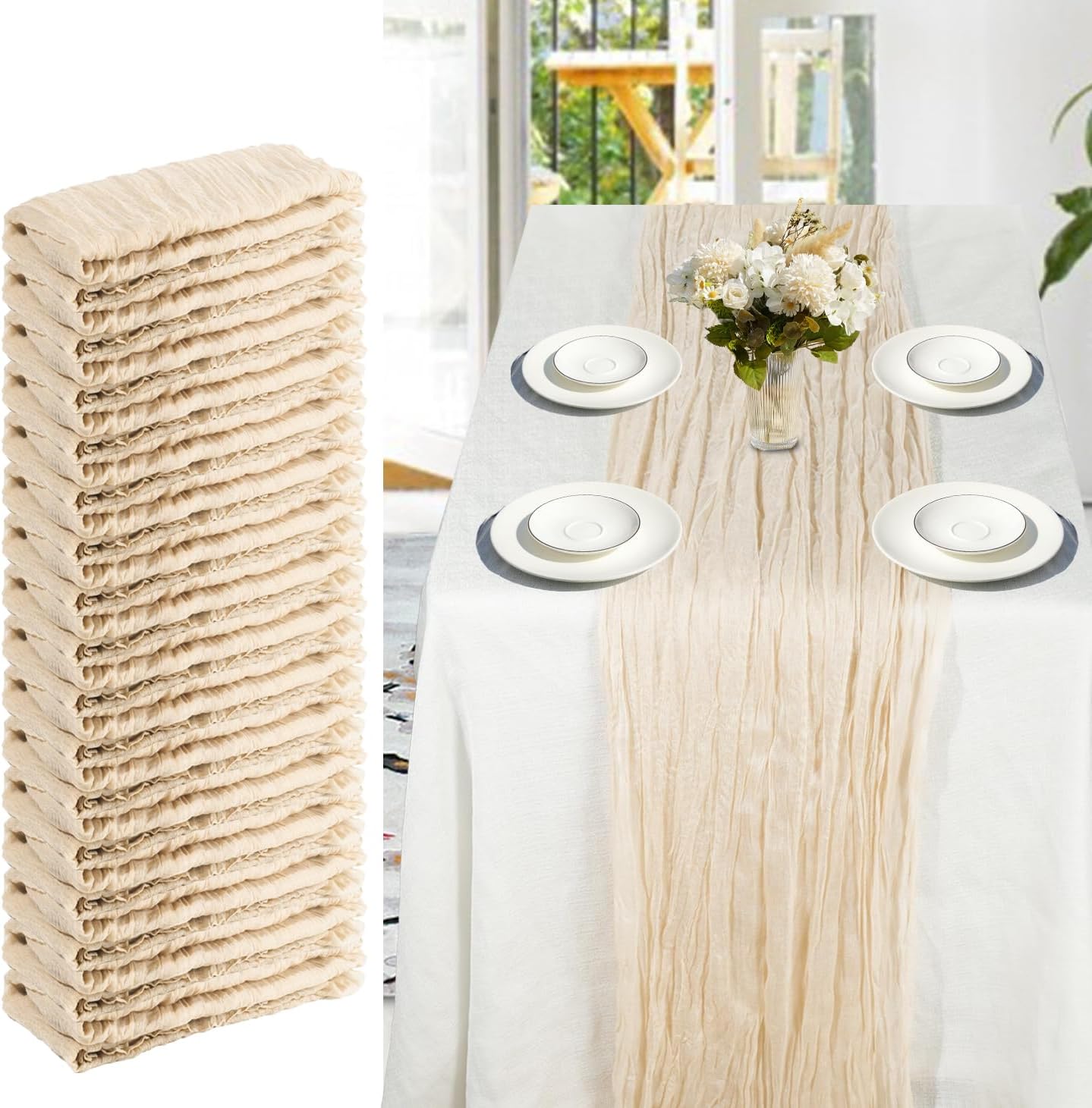 16 Pack Cheesecloth Table Runner, 35x120 Inch Boho Gauze Table Runner, Cheese Cloth Long Table Runner Elegant Table Runner for Party Wedding Bridal Shower Table Decor (Beige) 16 Pack Beige