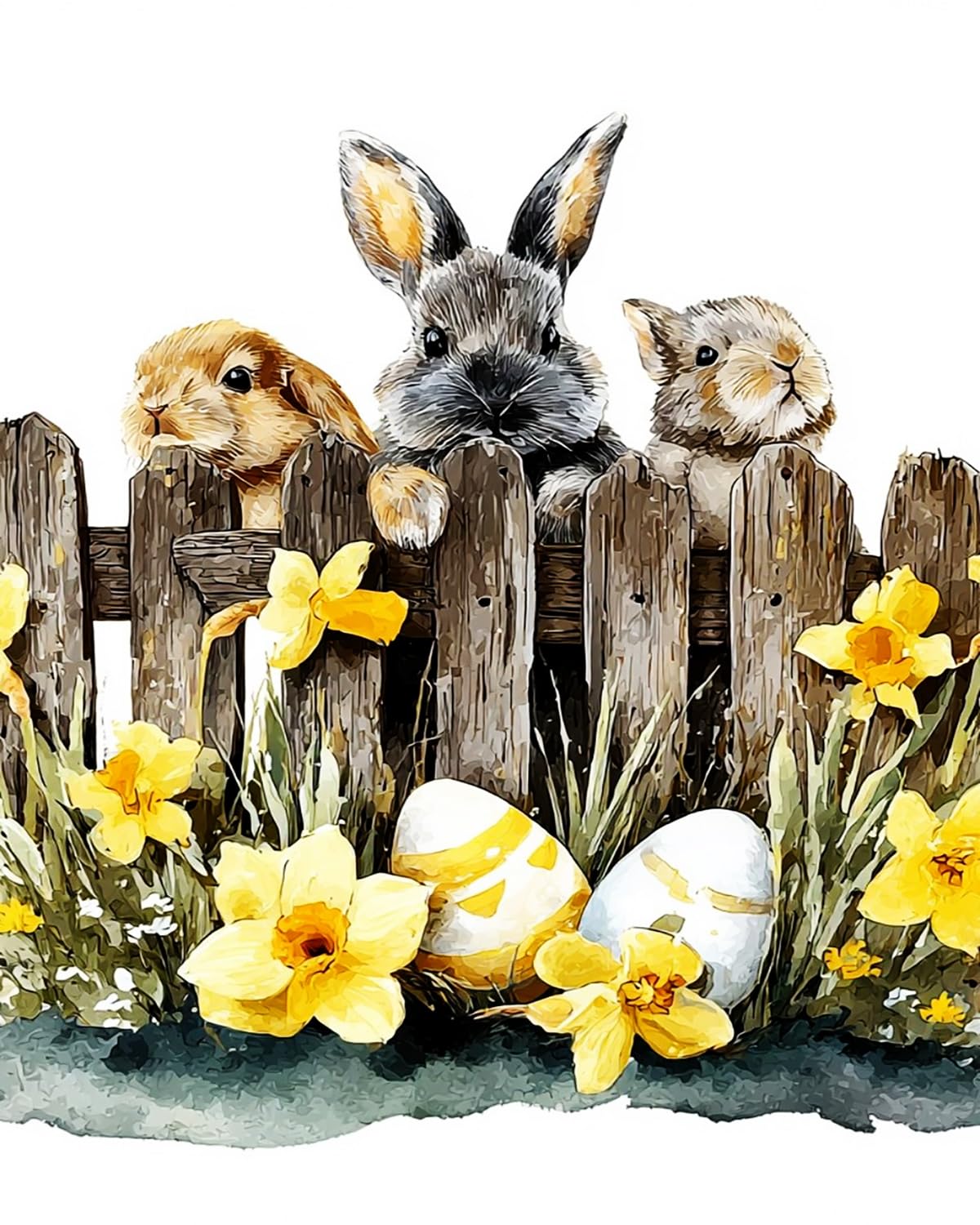 Liubaishi Multicolour Paint By Numbers Kit For Adults, 16X20 Inch, Spring Fence Rabbit Theme, Acrylic On Canvas, With 3 Brushes