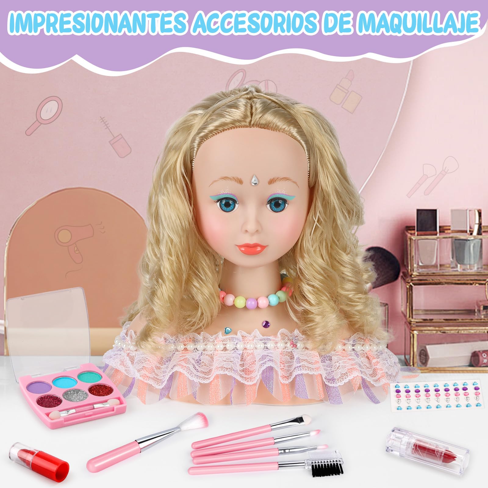 BuzzoXerex Cabeza Muñeca para Peinar y Maquillar, 58 Piezas Busto Muñeca Peinar y Maquillar, Cabeza de Peluquería para Niños, Cumpleaños para Niños a Partir de 3 Años (Rosa)