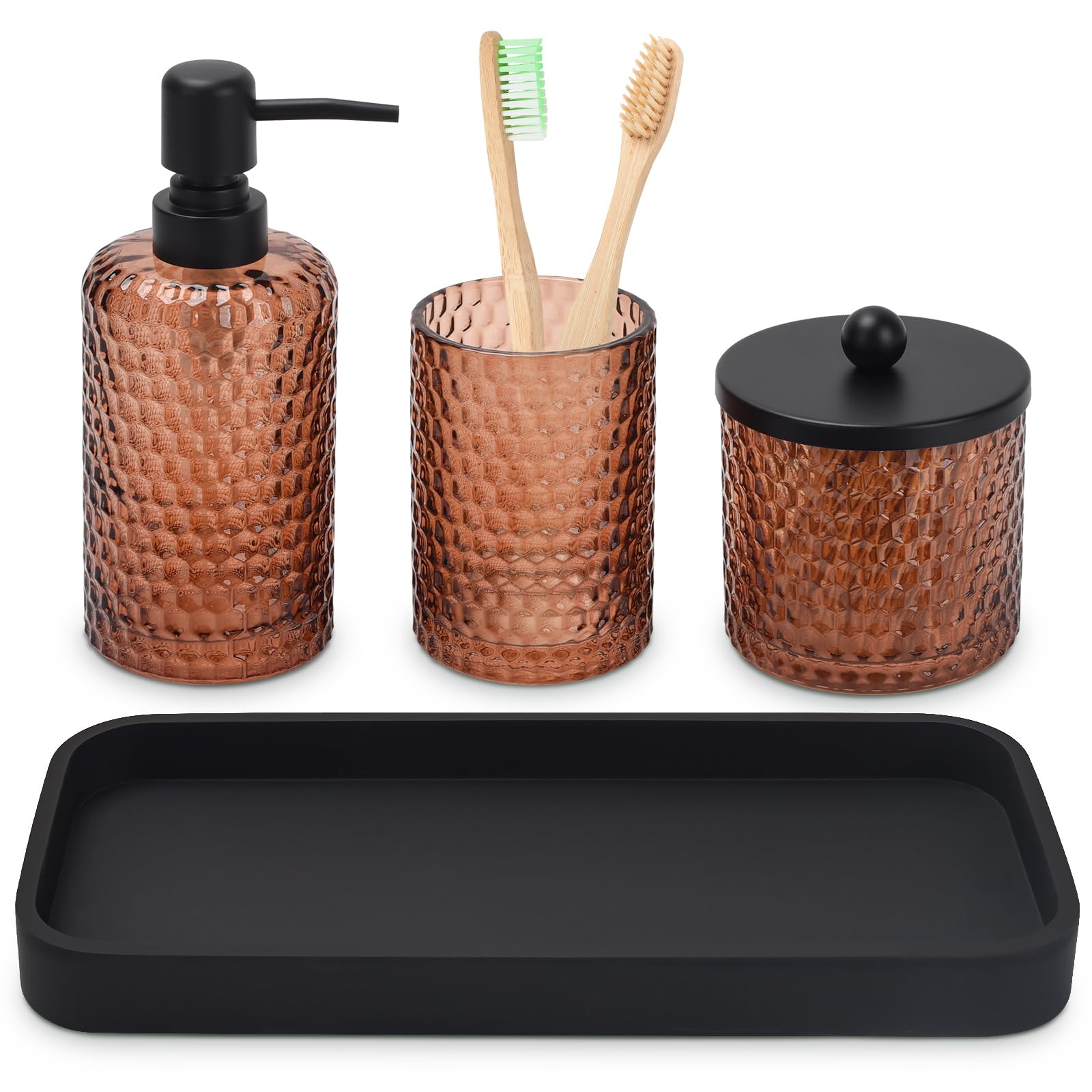 Set di accessori per il bagno, 4 pezzi in vetro ambrato set di accessori da bagno - dispenser sapone lozione, portaspazzolino, dispenser Qtip Holder e vassoio in resina, organizer da banco, ambra
