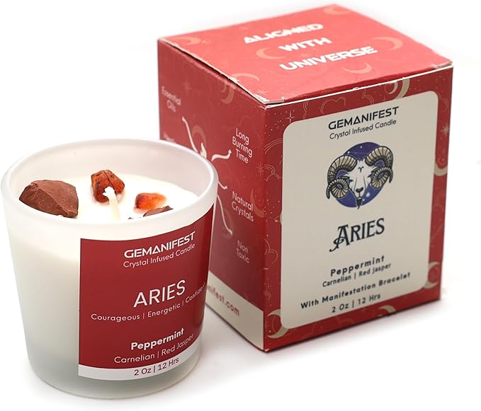 Gemanifest Aries Candle Gifts for Women Men Zodiac Crystal Candles with Aries Zodiac Bracelet for Manifestation Best Thoughtful Gifts for Christmas New Year Birthday Presents for Candle Lovers