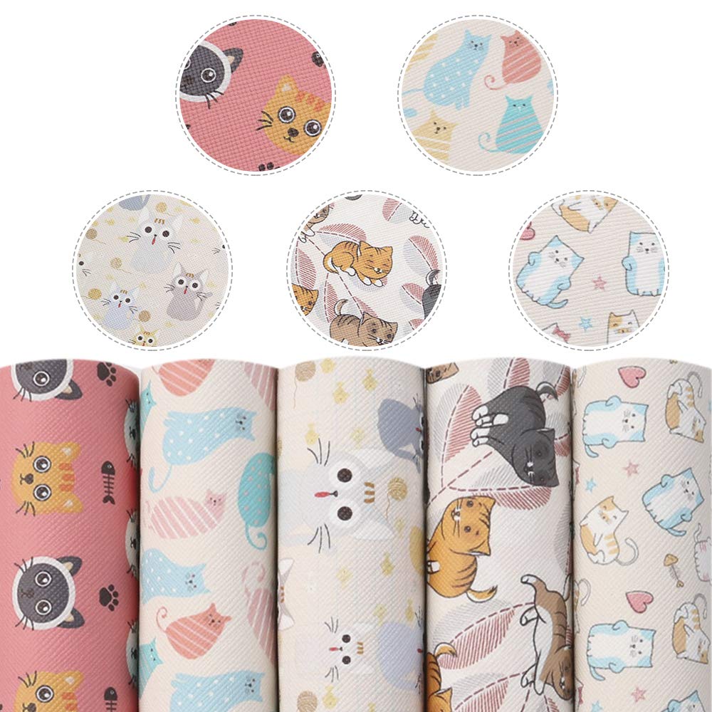 Cute Animals Faux Leather Sheet Cats Printed Synthetic Leather Sheet 5Pcs 7.7" x 12.9" (20 cm x 33 cm) for DIY Earrings Bows Making (Assorted)