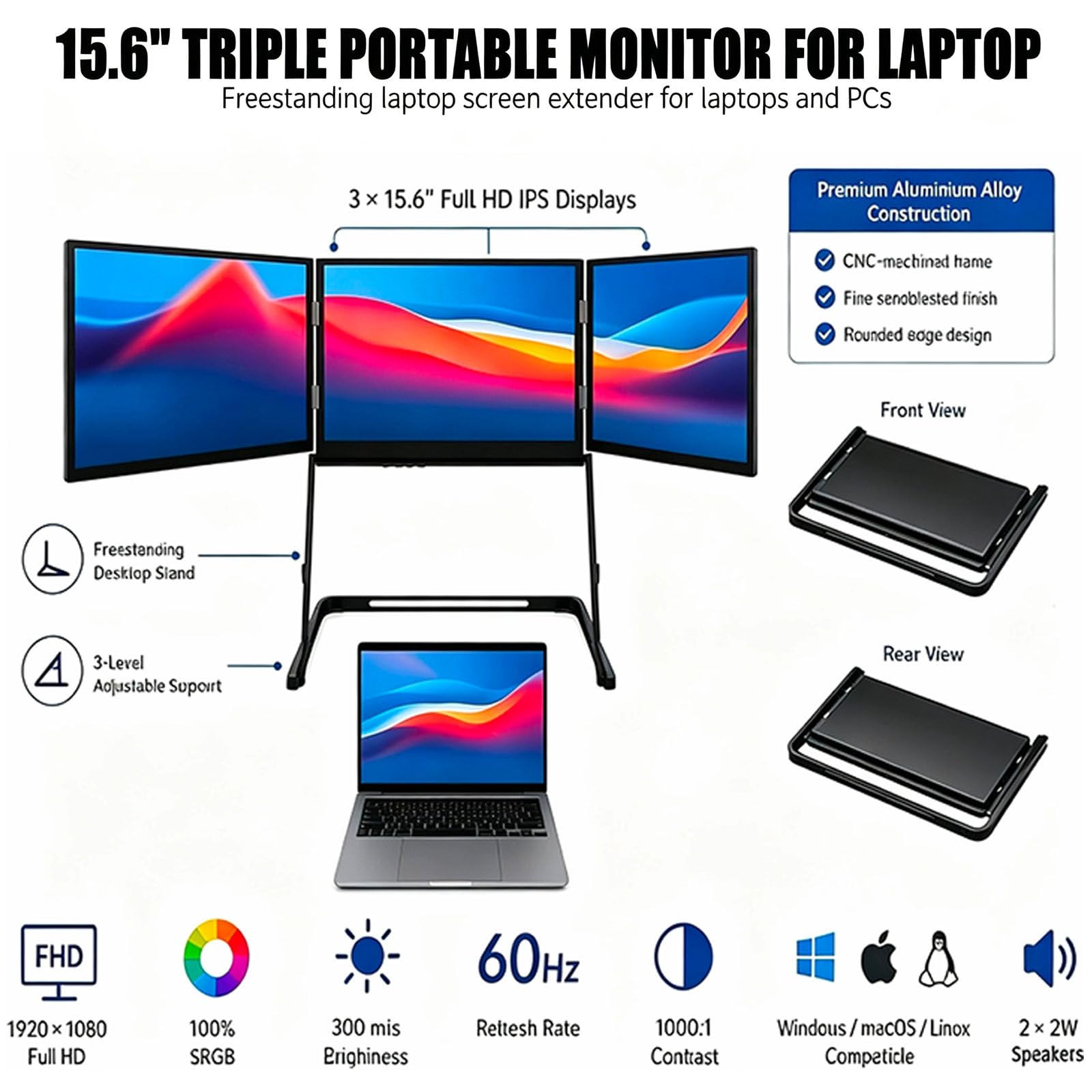 Schermo Triplo Portatile Da 15,6" Per Laptop,Tecnologia HDR Full HD 1080p