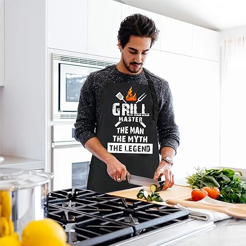 Miniatura 5 de Rosoz Divertidos delantales de chef negros para hombres, Grill Master, delantales de cocina ajustables con bolsillo, impermeable, a prueba de