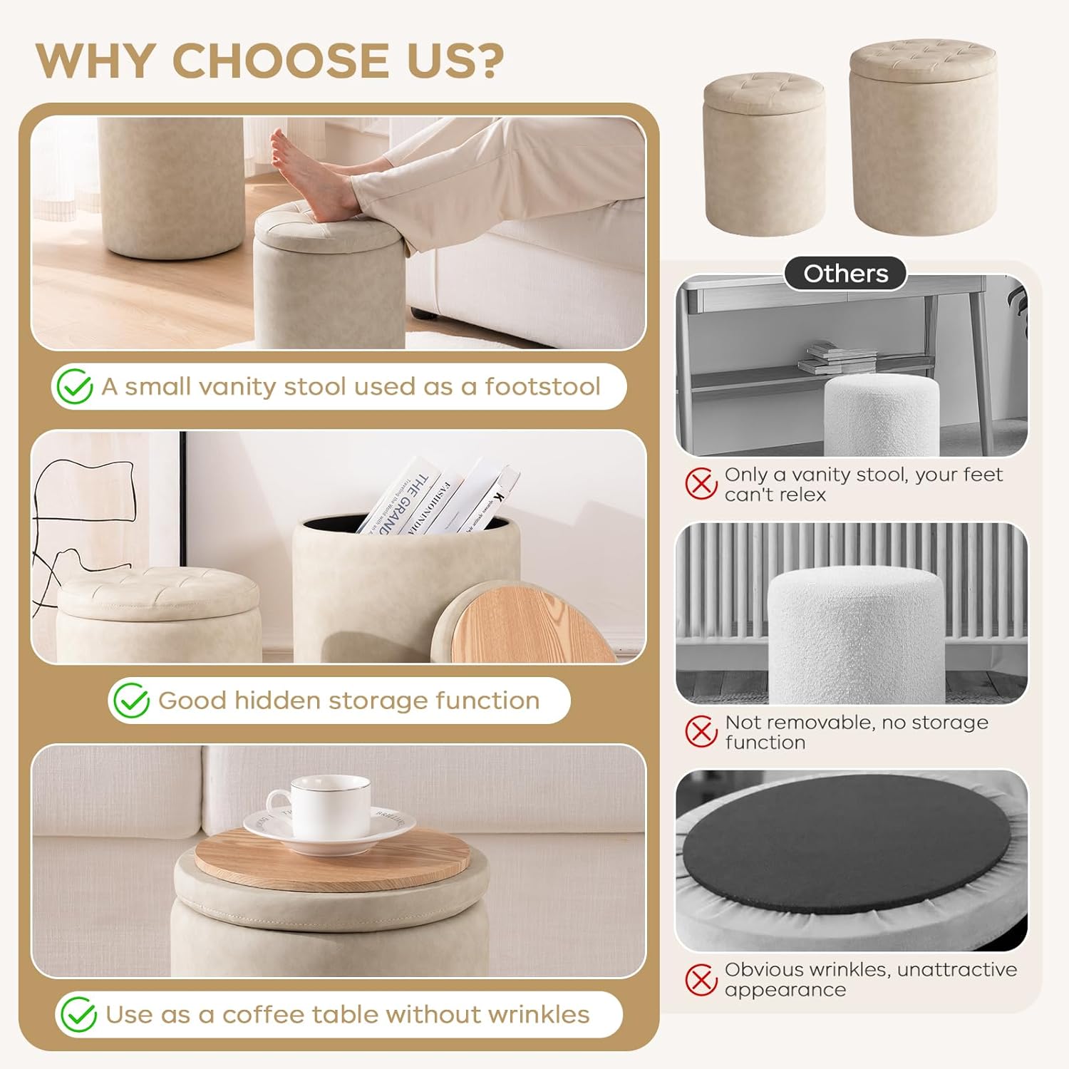 Faux Leather Round Ottoman with Storage 12.6" W x 14.17" H & 14.76" W x 17.32" H Set of 2, Small Boucle Coffee Table Footstool with Removable Lid for Living Room, Bedroom, Beige - Image 8