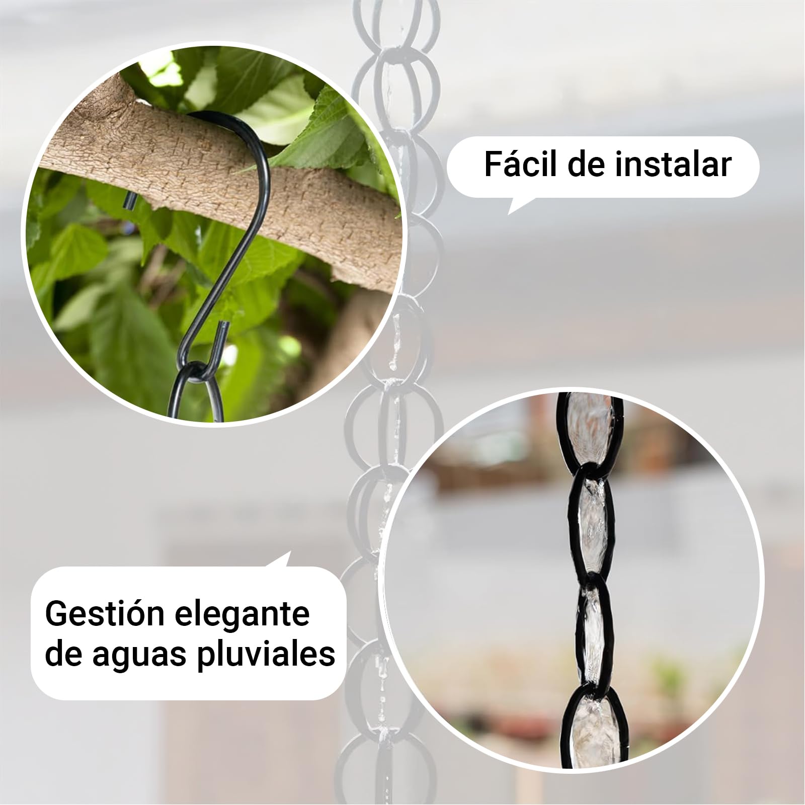 Cadena de Drenaje de Hoja de Acero con Adaptador, Colector de Agua con Copa Integrada Jardín(15ft)