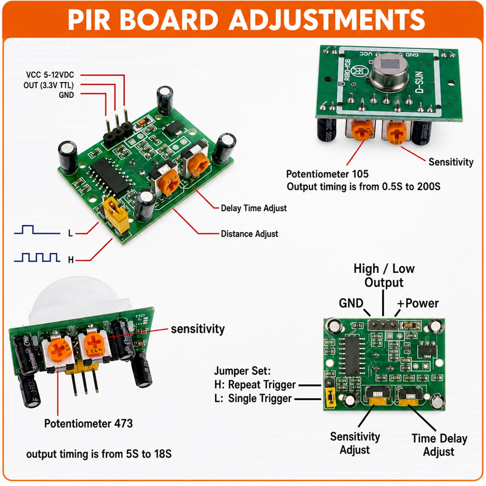 6 sztuk HC-SR501 PIR Czujnik podczerwieni Ludzki moduł ruchu na podczerwień do Arduino i Raspberry Pi