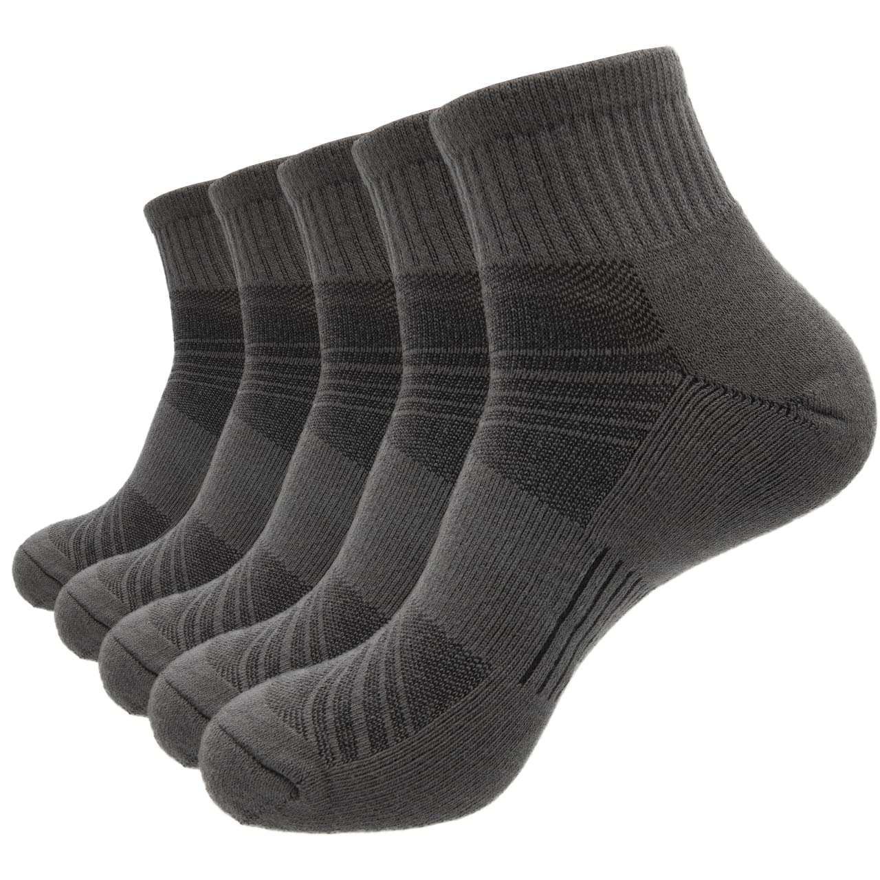 PEARL CARE Mens Dark Grey Combed Cotton Cushioned Athletic Hiking Ankle Quarter Socks (5 Pack) w/Arch Compression Moisture-Wicking Breathable Soft Padded Sports Socks