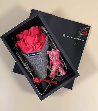 Abbie Home Rose Bouquet 7 Scented Soap Flower Gift Box with Cute Teddy Bear for Her Girlfriend Teen Girls Anniversary, Birthdays, Valentines Day, Red