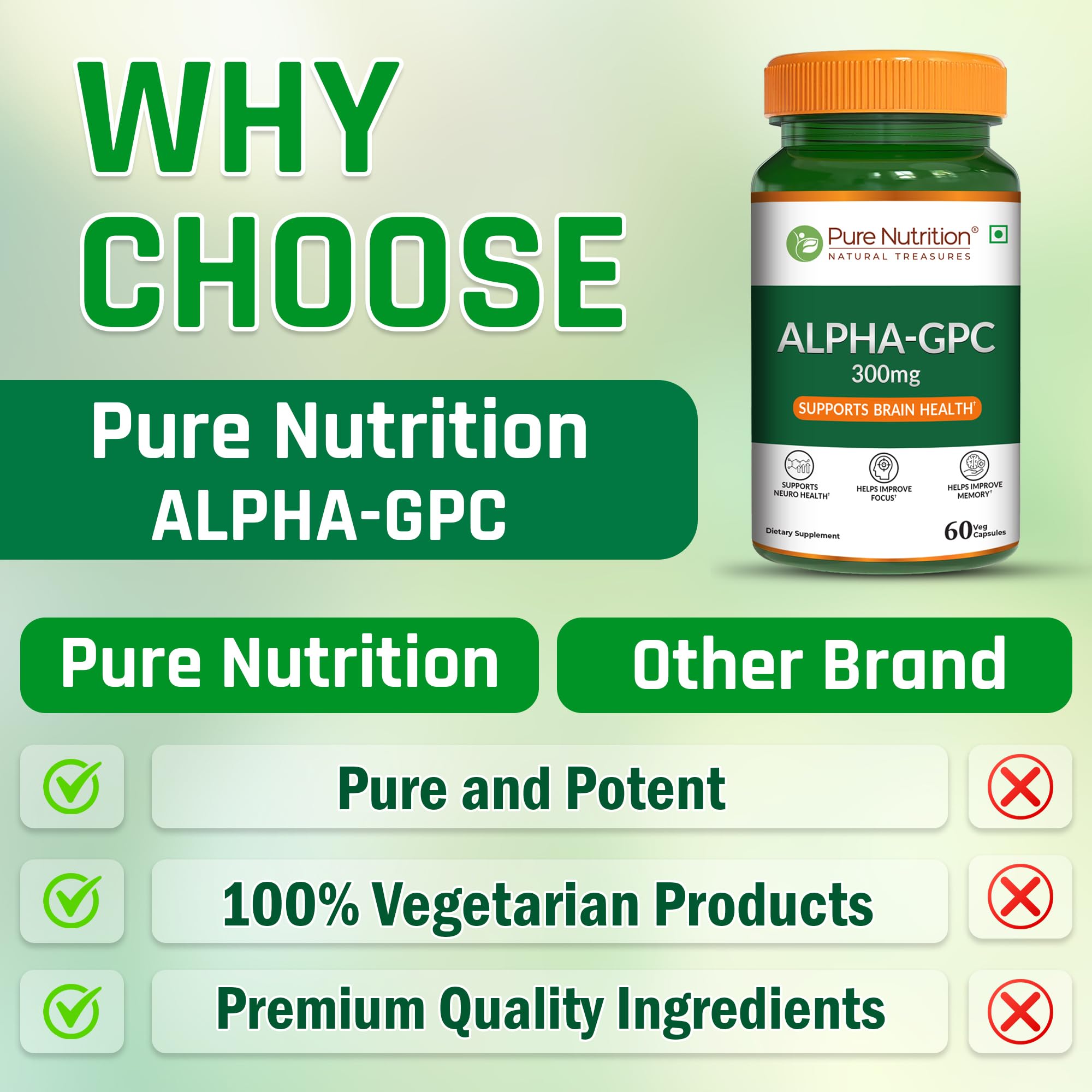 Pure Nutrition Alpha GPC (300mg) – 60 Veg Capsules | Helps to Improve Focus, Mental Clarity & Memory | Brain Health Supplement for Men & Women | Nootropic Formula - Image 6 thumbnail