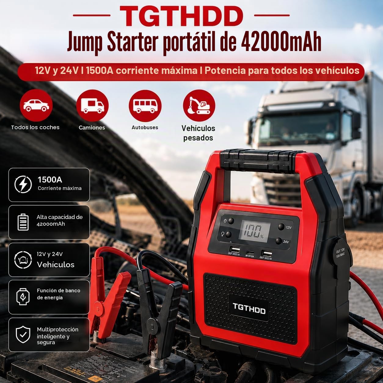 Arrancador portátil de 42000 mAh, 12 V y 24 V, corriente máxima de 1500 A para todos los coches, camiones y vehículos pesados, paquete de refuerzo de batería de emergencia para coche con función de