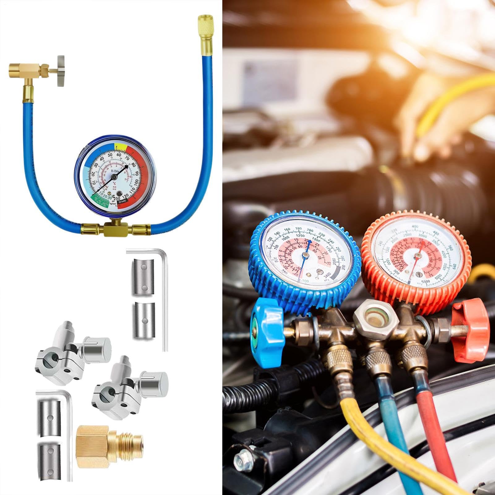 Kit di ricarica per aria condizionata, kit di ricarica AC – set di tubi con valvola di perforazione e punta per gas refrigerante manutenzione stagionale officina domestica uso