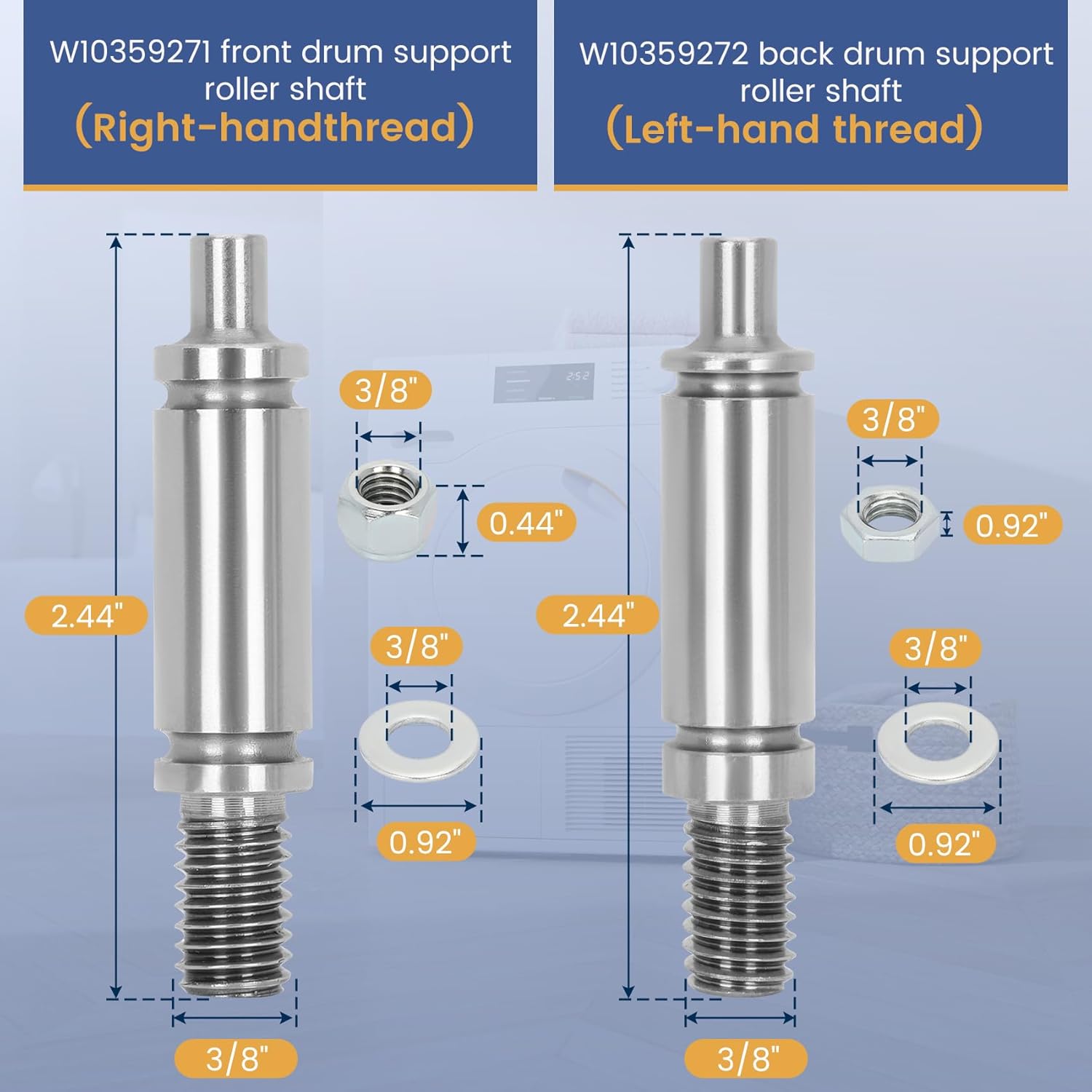 W10359271 W10359272 Front Back Dryer Drum Support Roller Shaft Replaces WPW10359271 3387460 8575324, WPW10359272 3387707 8575325 with Good Resistance, Reducing Noise, Improve Stability