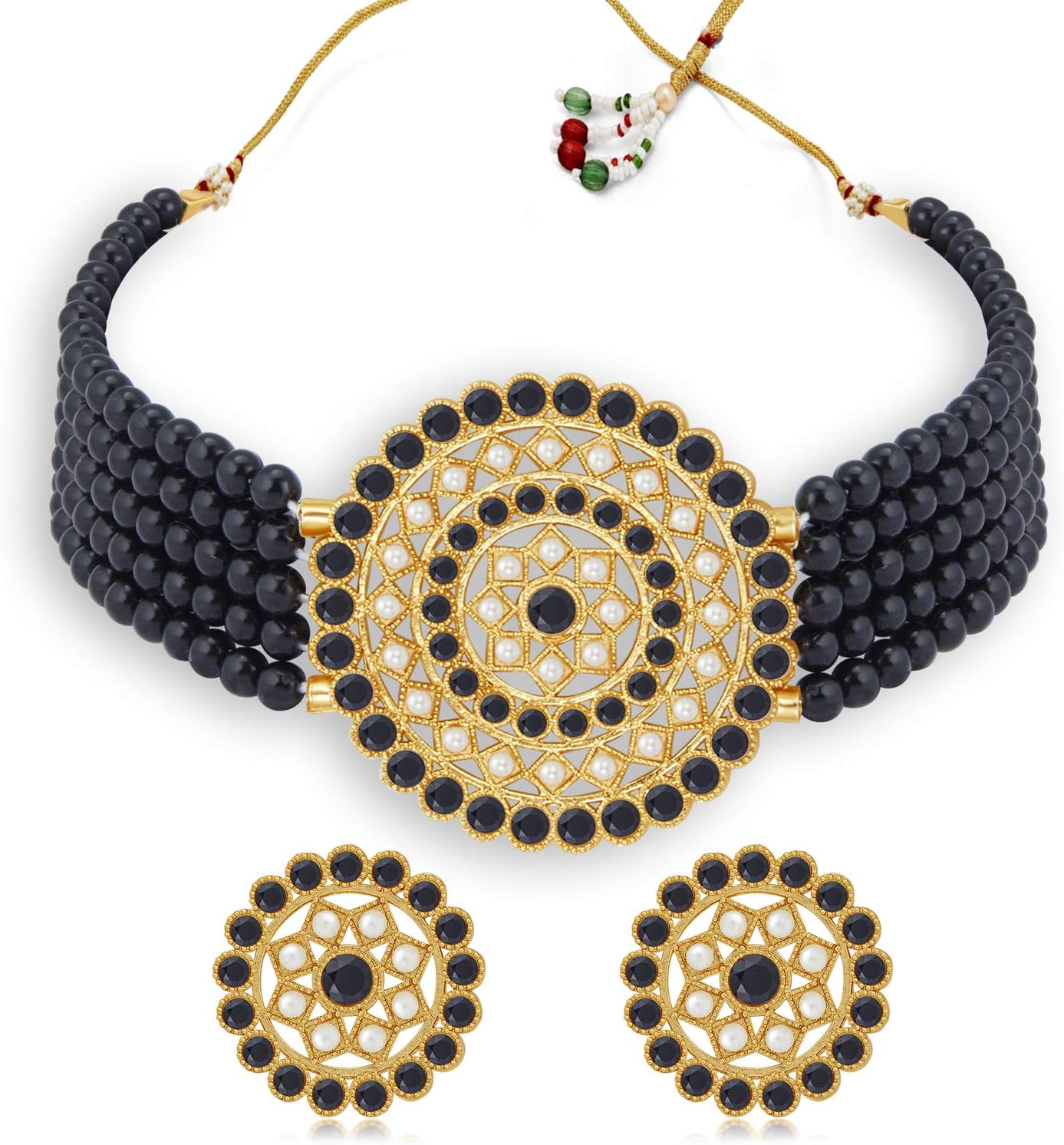 SukkhiElegant Gold Plated Black & White Pearl Choker Necklace Set for Women (SKR70439), free size