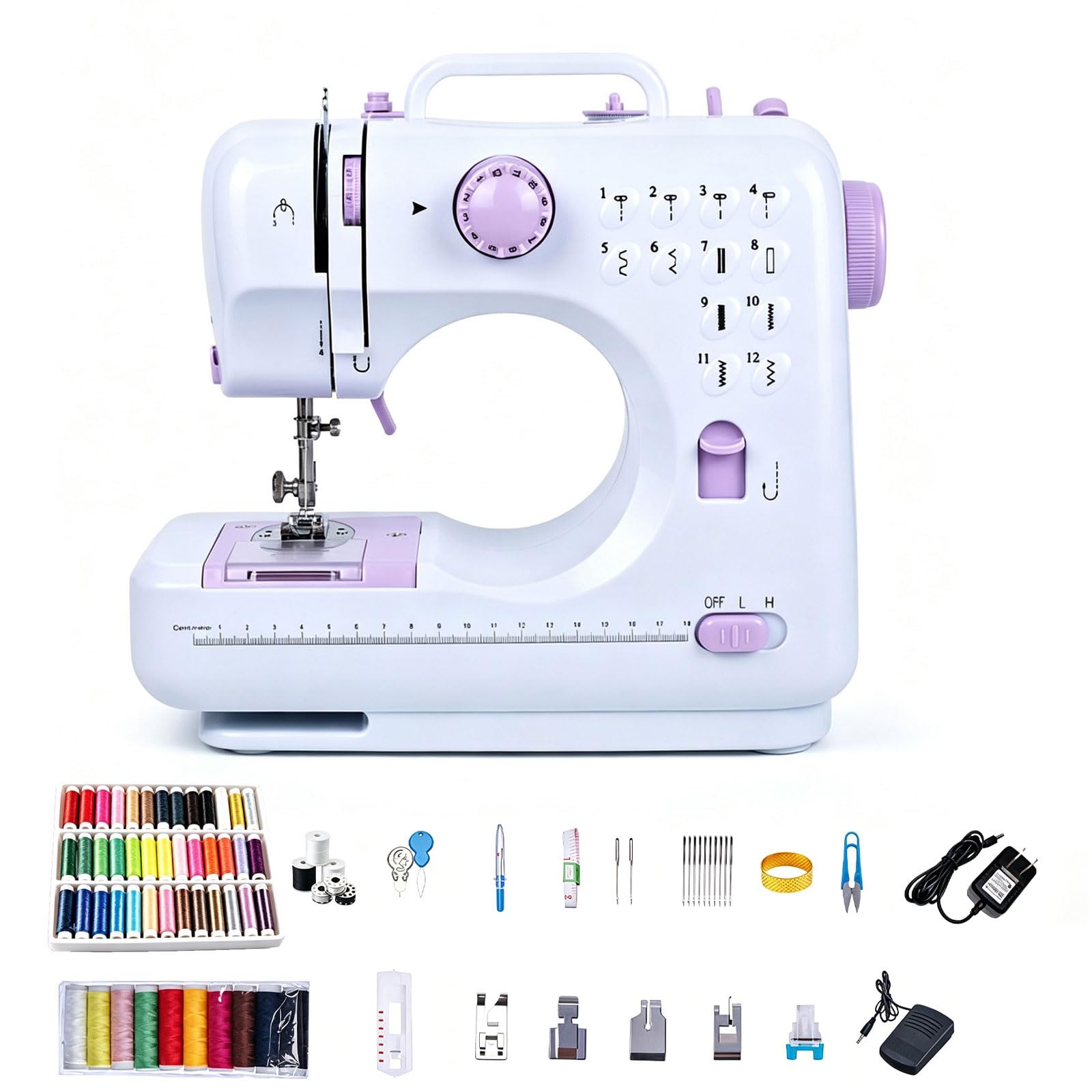 Máquina de Coser compacta for Principiantes con 12 Puntadas incorporadas, luz LED | Máquina de coser eléctrica doméstica, brazo libre, prensatelas de cambio rápido, pedal y kit de costura