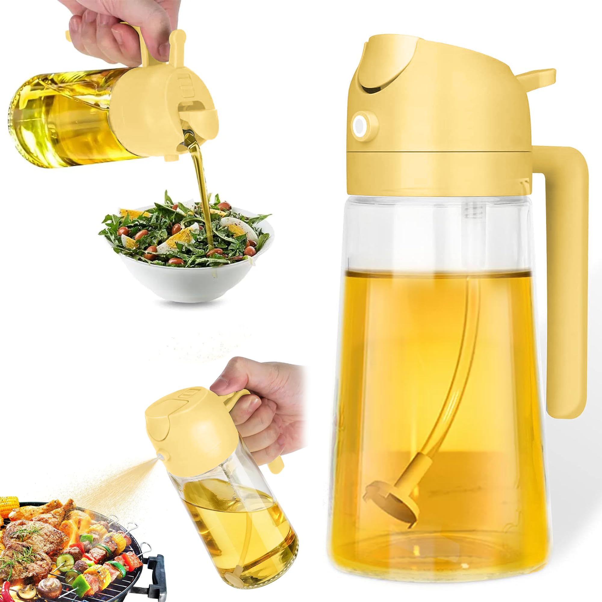 KEPLIN - 2 in 1 Oil Sprayer 470ml - Dual Function Spray & Pour Olive Oil Dispenser - BPA-Free PP & Glass - Refillable, Dishwasher Safe & Eco-Friendly - 18.4x8x9.9cm (Yellow)