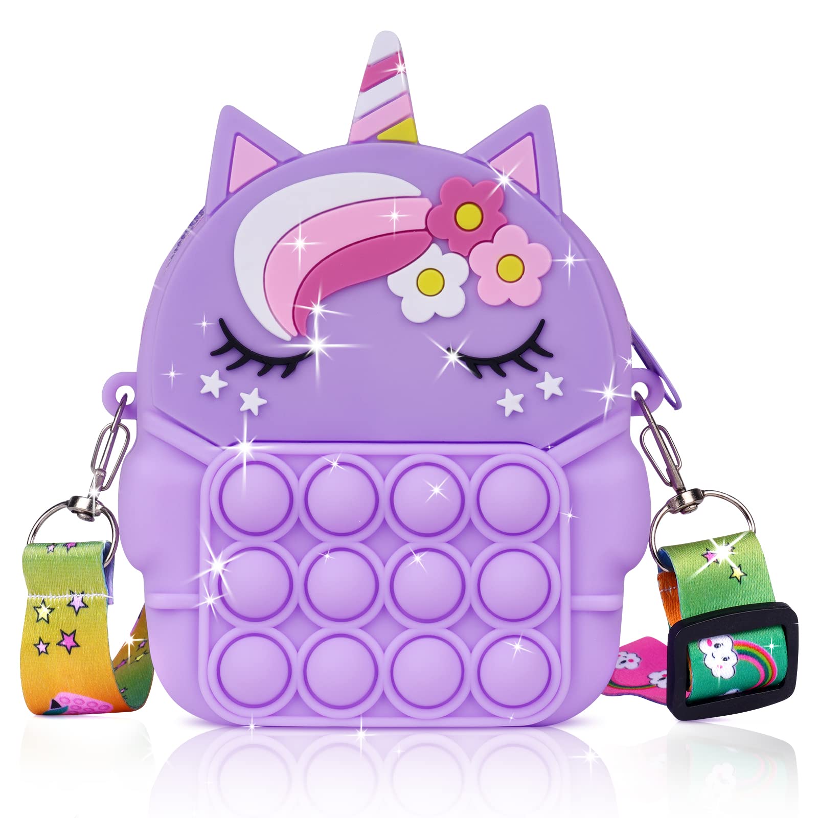 Ainiv Pop it Pop Bag, 2 in 1 unicorn Fidget Bag for Girls, Silicone Push Bubble Crossbody Bag Small Purse, Shoulder Bag with Adjustable Strap Length, Relief Stress for Adult Kids (Purple)