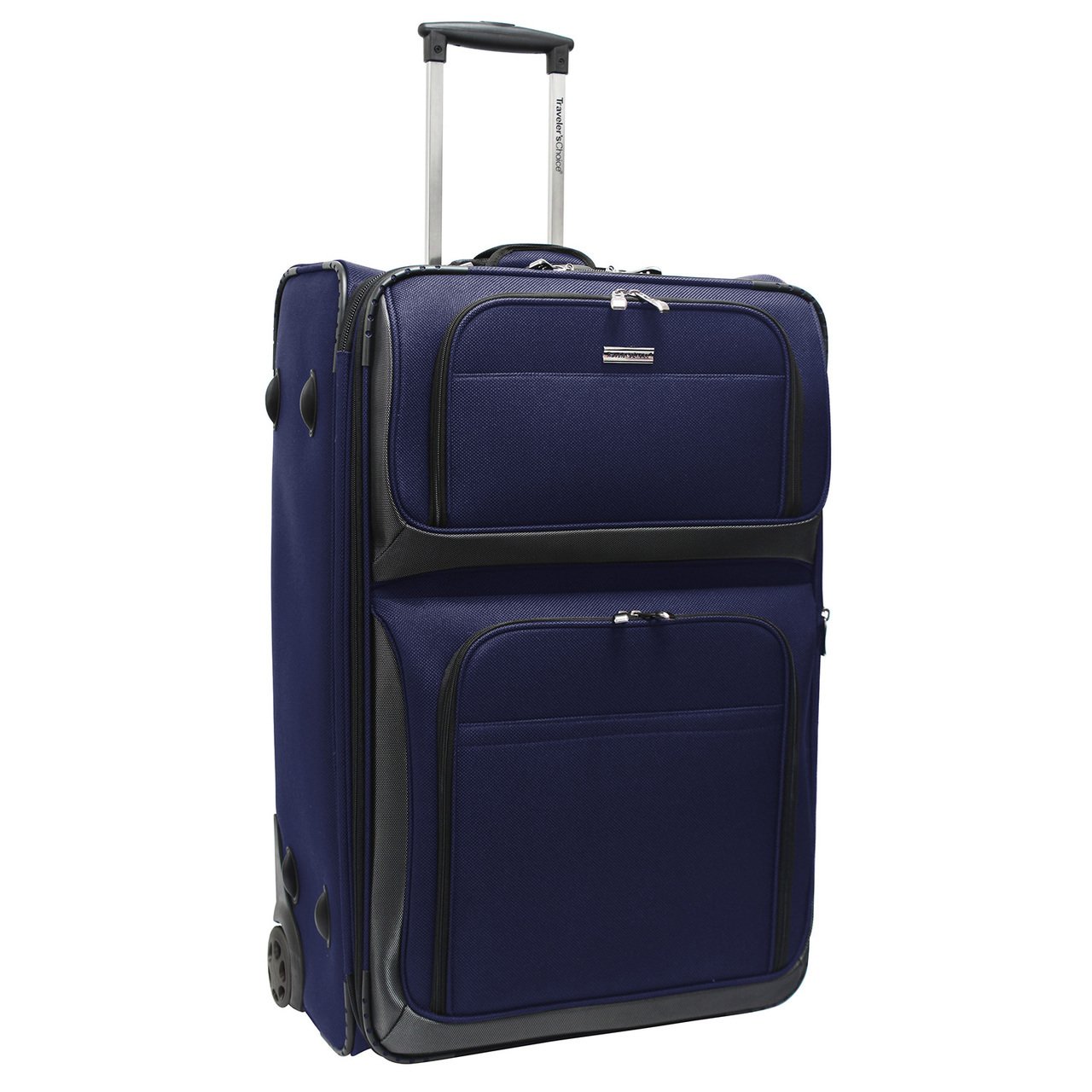 Photo 1 of Traveler's Choice Conventional II Softside Expandable Rugged Rolling Upright Suitcase, Lightweight Travel Luggage, Navy, Checked-Large 30-Inch Checked-Large 30-Inch Navy