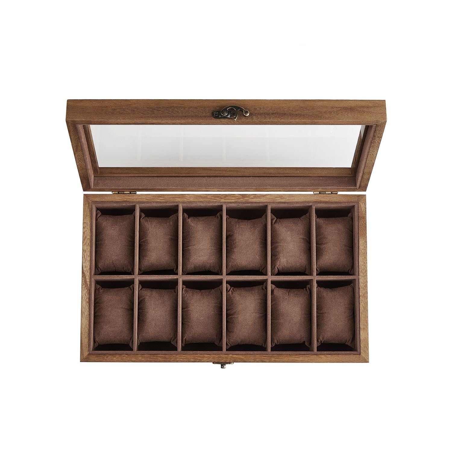 SONGMICS Watch Box with 12 Slots, Watch Case, Solid Wood Watch Box Organiser with Large Glass Lid, Watch Display Box with Removable Pillows, Gift Idea, Rustic Walnut JOW120K01