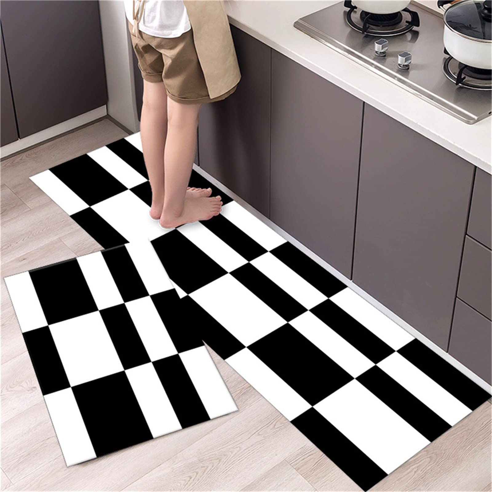 Lot De 2 Tapis De Cuisine Antidérapants Et Lavables – Confort Anti-Fatigue 40x60 + 40x120 Cm – Noir Élégant