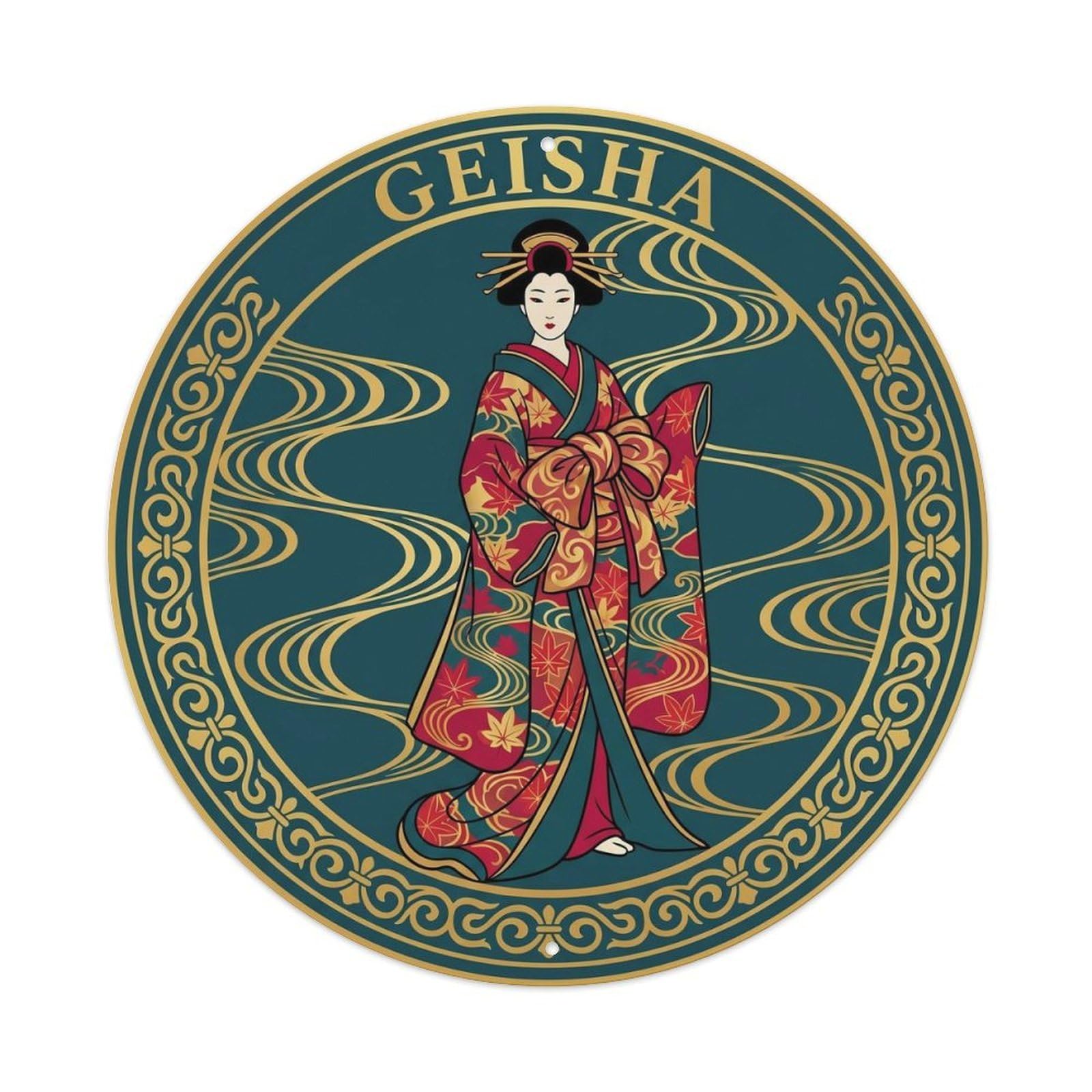 Olyhtr 8X8inch Classic Style Geisha Autumn Kimono Rinpa Crimson Teal Japan Metal Tin Sign