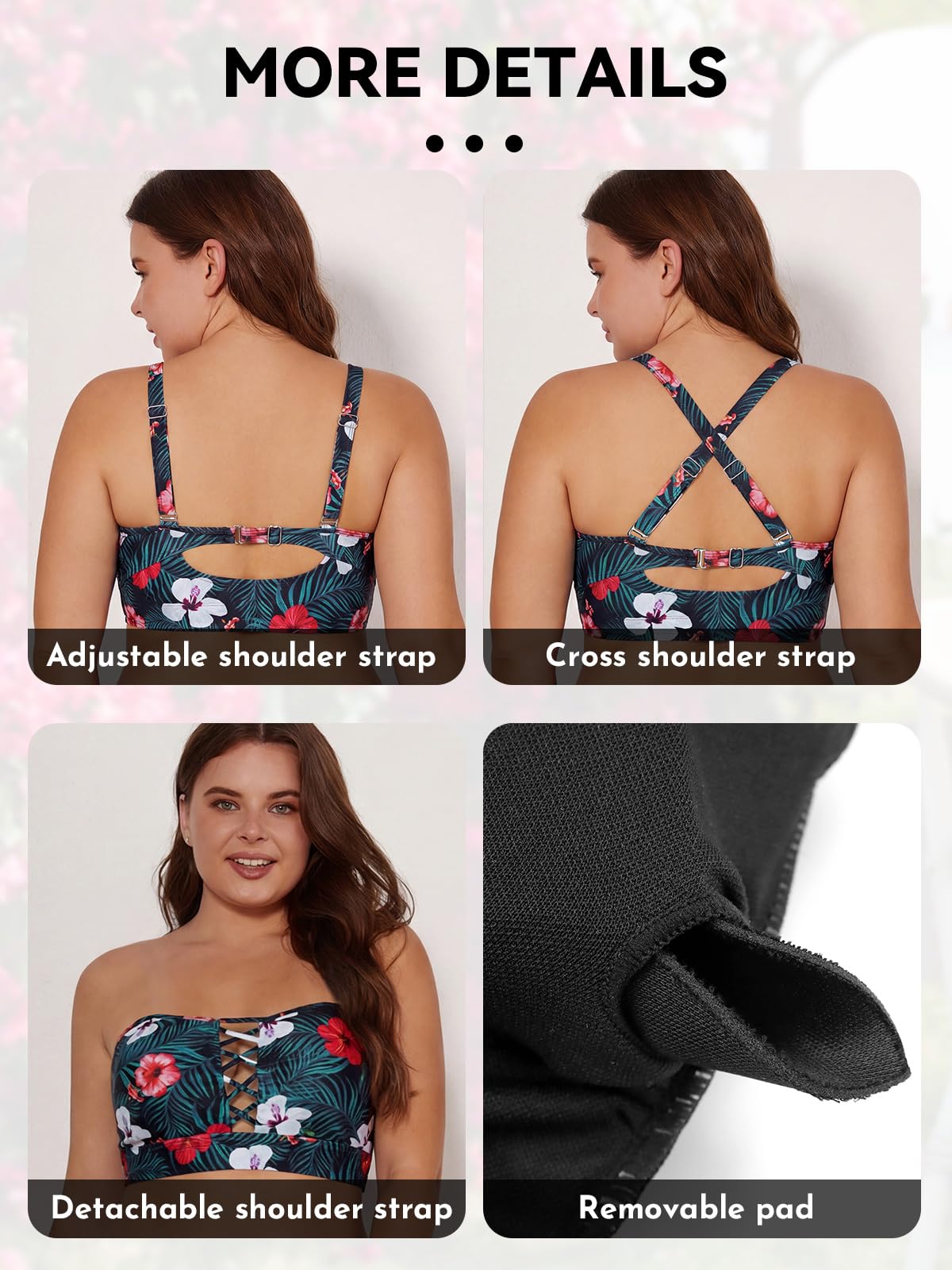 SHEKINI Haut de Maillot de Bain Bandeau Femme Grande Taille Bikini Top avec Rembourrage Amovible Haut de Bikini Sport Push Up Sexy Bikinis