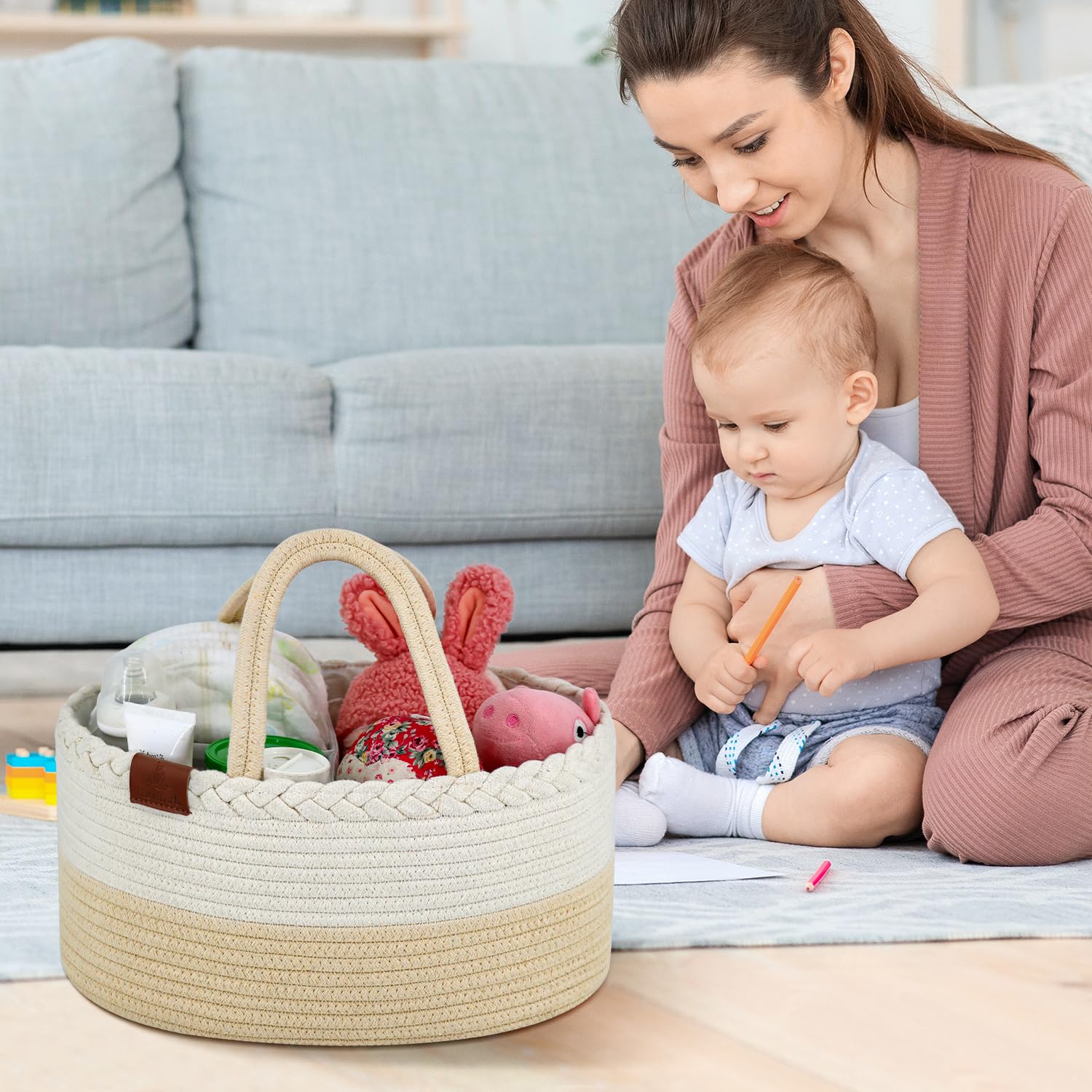 Cesta Cambiador Bebé Portátil, Canasta Mueble Recién Nacido, Cambiador de Mesa Impermeable Pañales, Funda Extraíble Suave con Cremallera, Nido Plegable de Viaje 100% Algodón Natural (Beige)