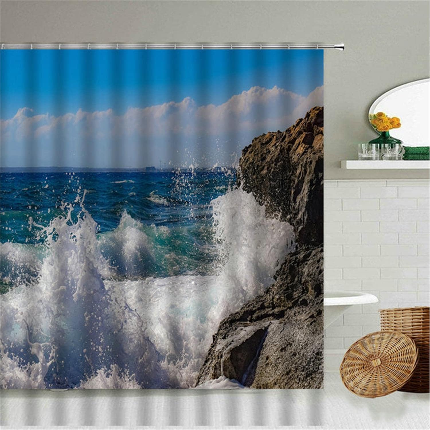 SAJEGBJ Rideau De Douche Effet 3D Bleu Plage Arbres Tissu Polyester Anti Moisissure Imperméable Lavables Rideau De Salle De Bain Avec 12 Anneaux Crochets Pour Baignoire 120X180Cm