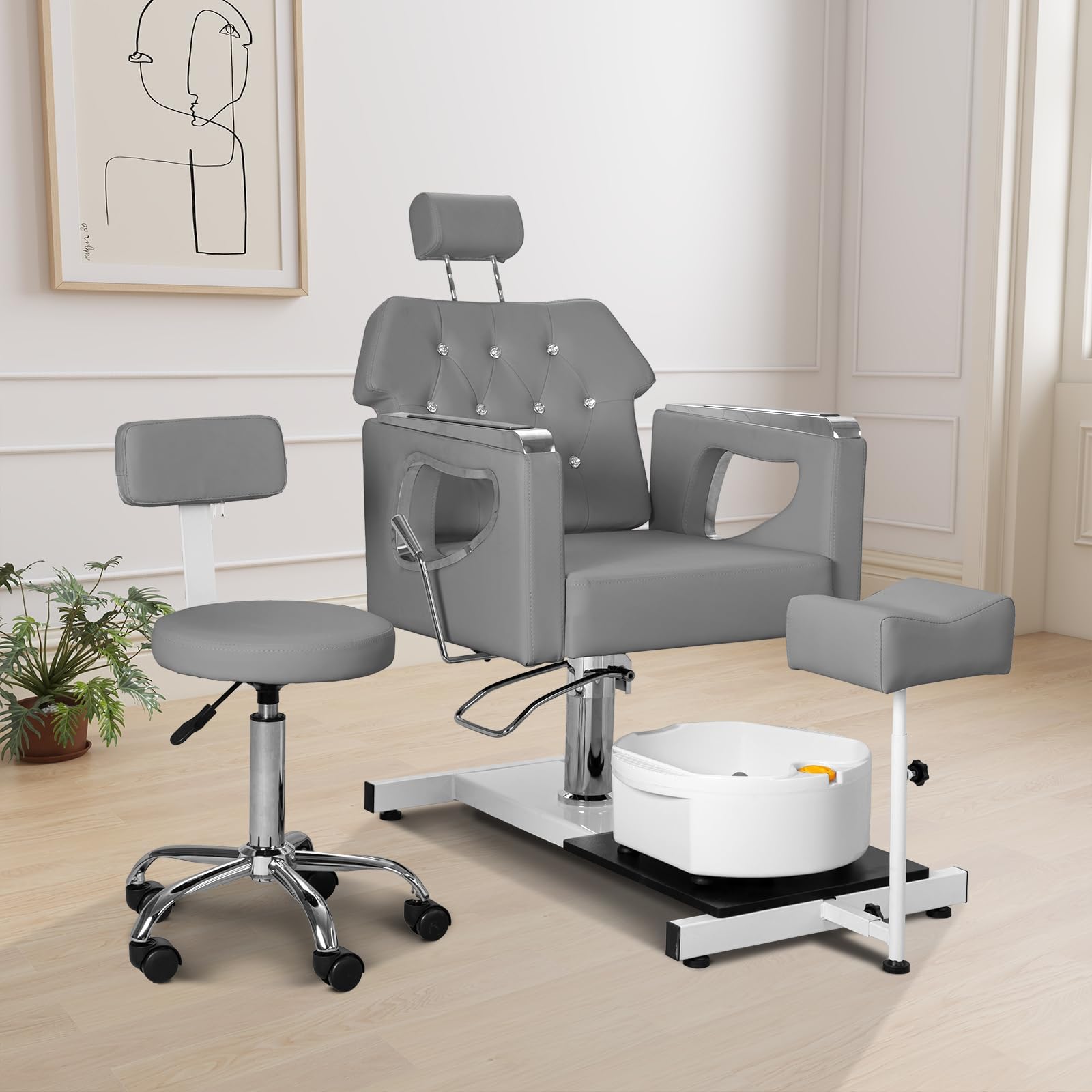 Pedicure Chair No Plumbing, 360° Swivel Hydraulic Adjustable Reclining Station with Massage Foot Bath & Footrest for Nail Tech, Spa, Salon (Grey)