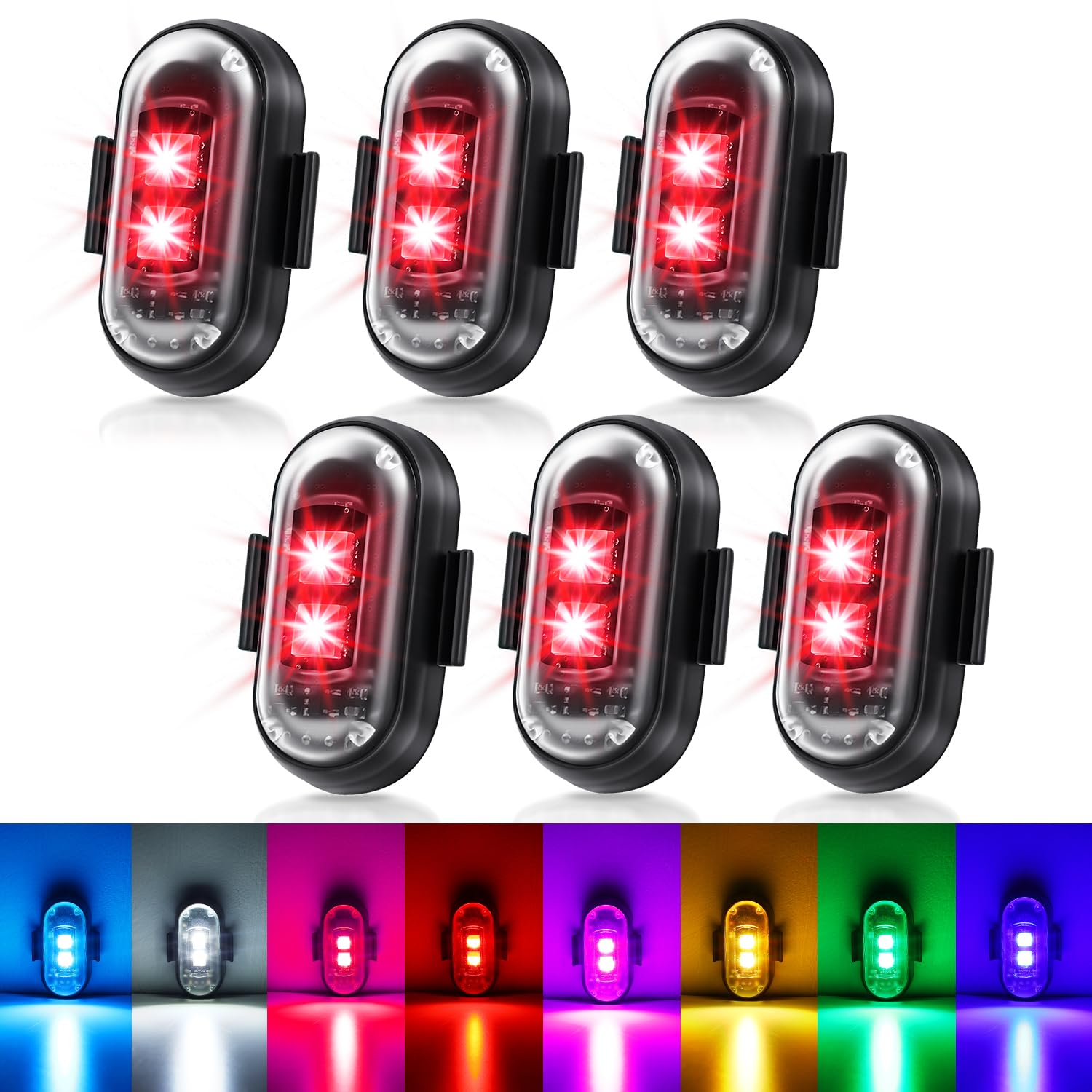 6PCS Wireless LED Strobe Lights with Remote Control,8 Colors IP65 Waterproof Anti-Collision USB Charing Led strobe Light，3 brightness levels Wireless