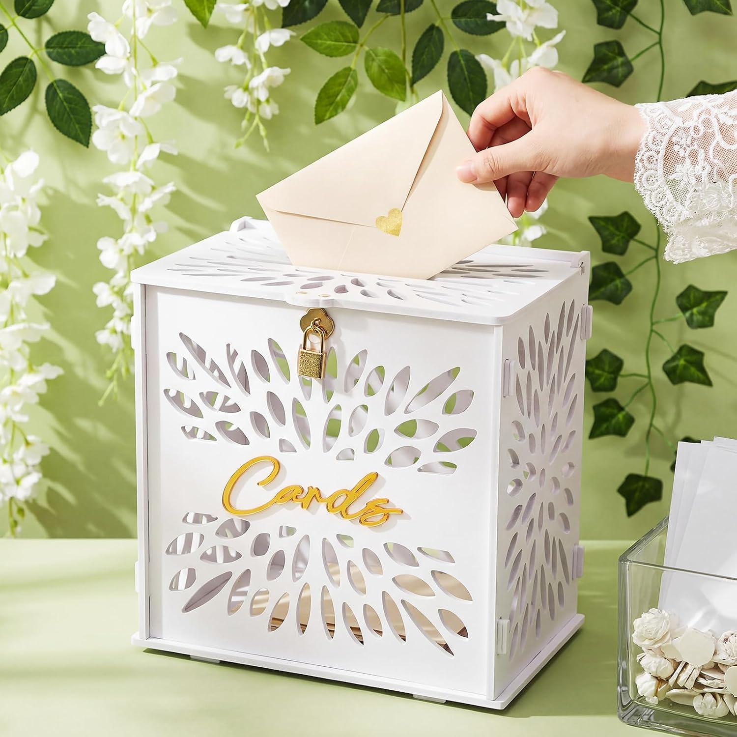 Chunful White Wedding Card Box with Lock, 10 Inch Hollow Floral PVC Gift Envelope Holder for Reception, Secure Money Collection Case for Anniversary Graduation (Medium)