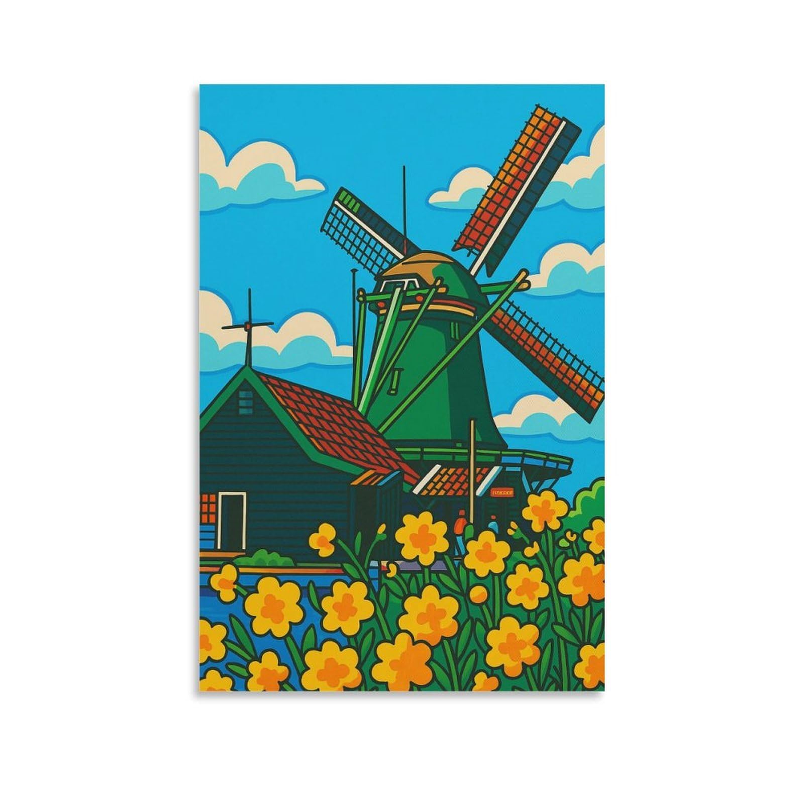 DHBANEIOK Dutch Windmill Scene Poster Artwork Canvas Prints Picture Modern Canvas Wall Art Picture Wall Hanging for Office Gym Living Room Decor 20x30inch(50x75cm)