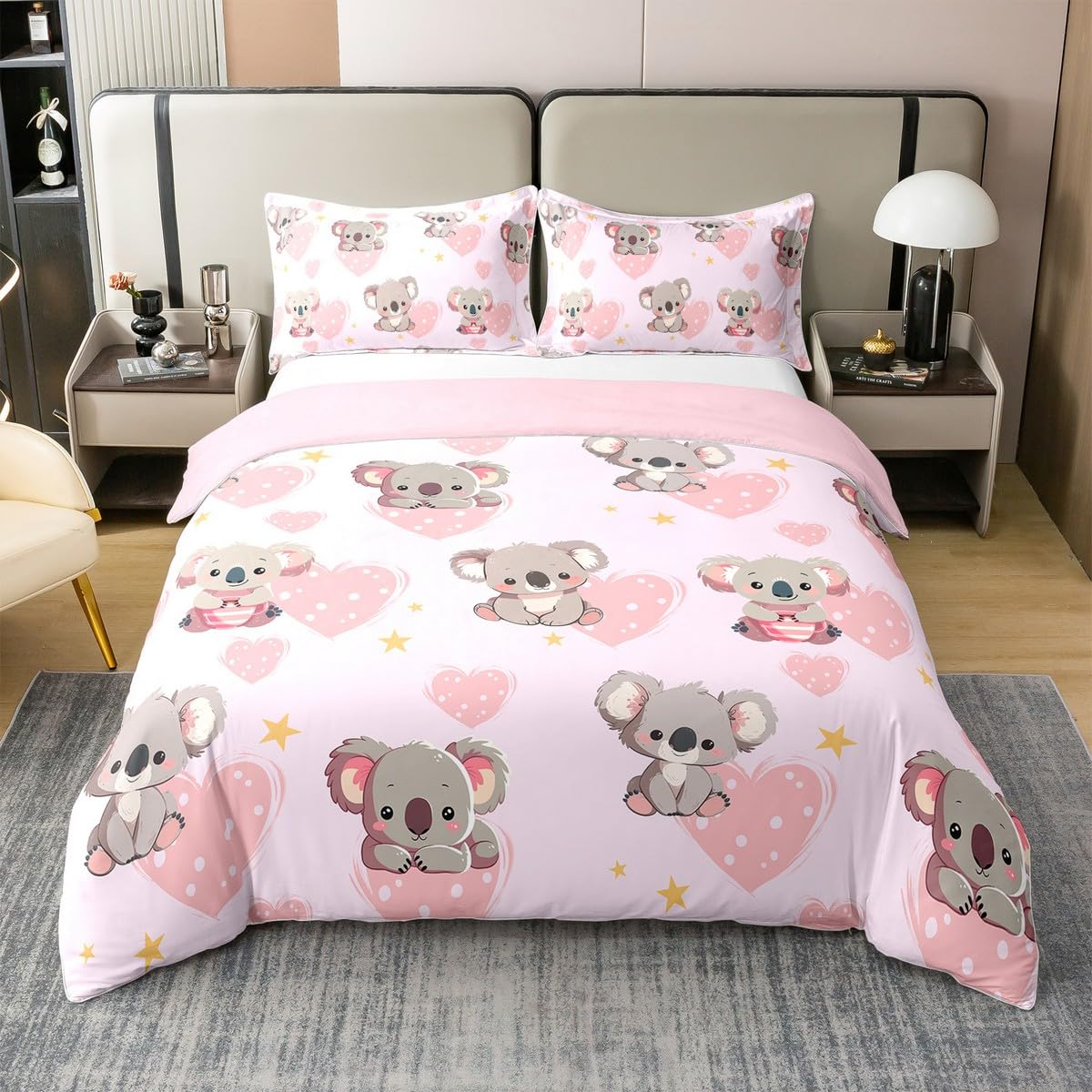 Zoo Koala 100% Baumwolle Bettbezug für Kinder Jungen Mädchen,Cartoon Koala Bettwäsche Set 135x200,Nette Zoo Tier Bett Sets,Girly Liebe Herz Bettbezug mit 1 Kissenbezug Weich,Kein Tröster