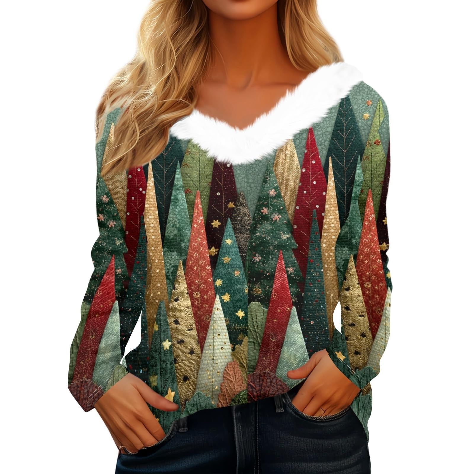 Ladies Christmas Party Top Faux Fur V Neck Long Sleeve Festive Print