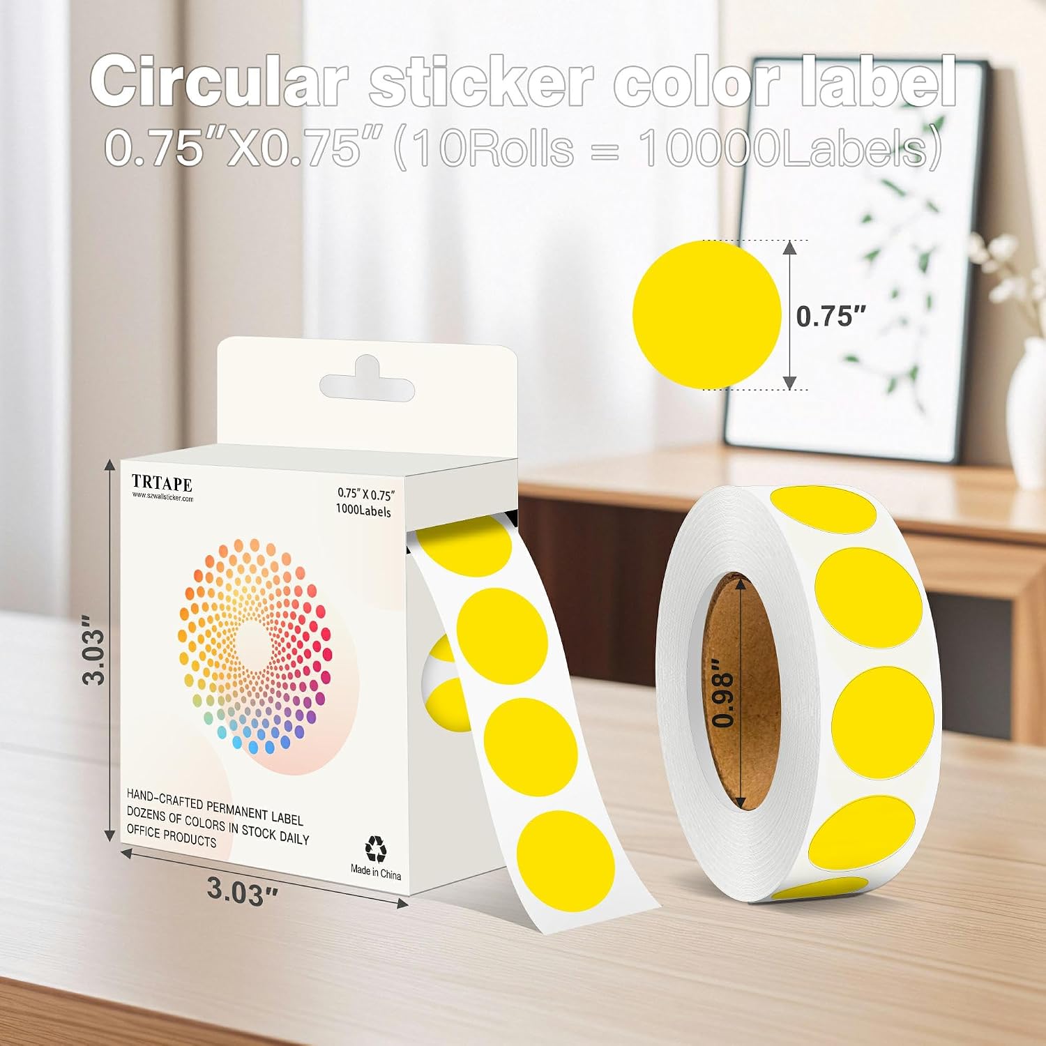 3/4 Inch Round Color Coding Labels - 10 Rolls, 10000 Dots - Permanent Adhesive, Easy to Peel, Vibrant Colors, Round Color Dot Labels for Organizing (Yellow)