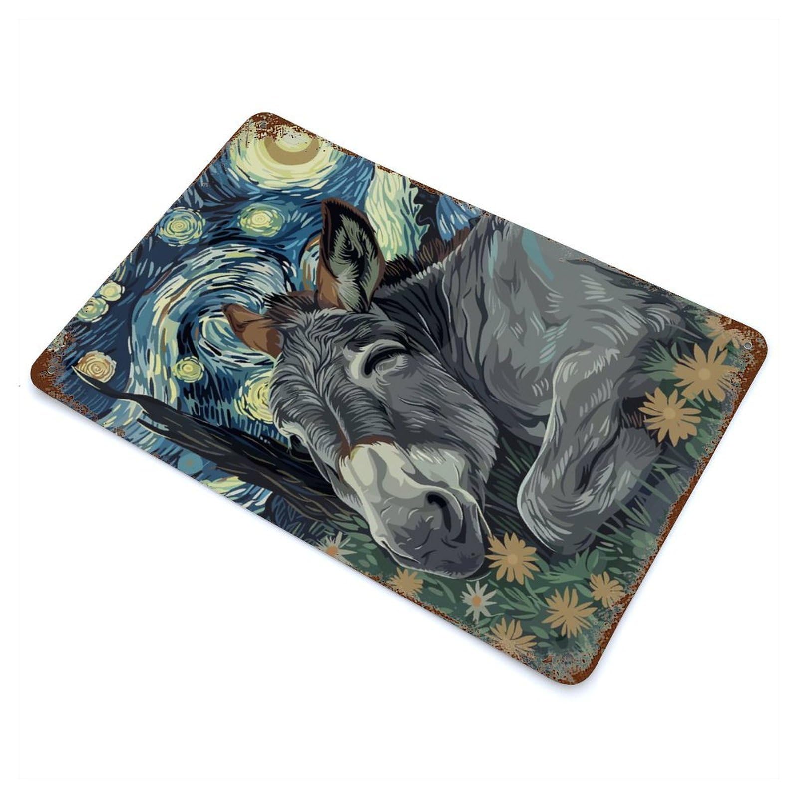 Donkey in Starry Night Style Vintage Wall Sign 11.8"x7.9", Rust Effect Metal Decor for Living Room, Hallway And Home Decor