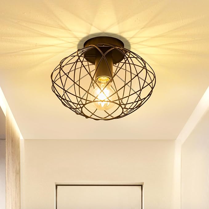 Glitzerlife Plafondlamp Retro Hallamp Vintage Zwarte Plafondlamp Industrieel E27 1 Lamp Retro Metaal Lampenkap Rond Keukenlamp Plafond Gang Woonkamer Slaapkamer Diameter 25 cm