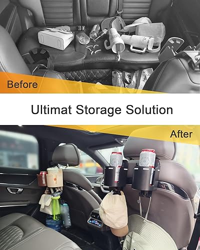 Miniatura 6 de Portavasos para reposacabezas para asiento trasero, soporte estable resistente a derrames con ganchos para bolsas, se adapta a botellas de 50 onzas,