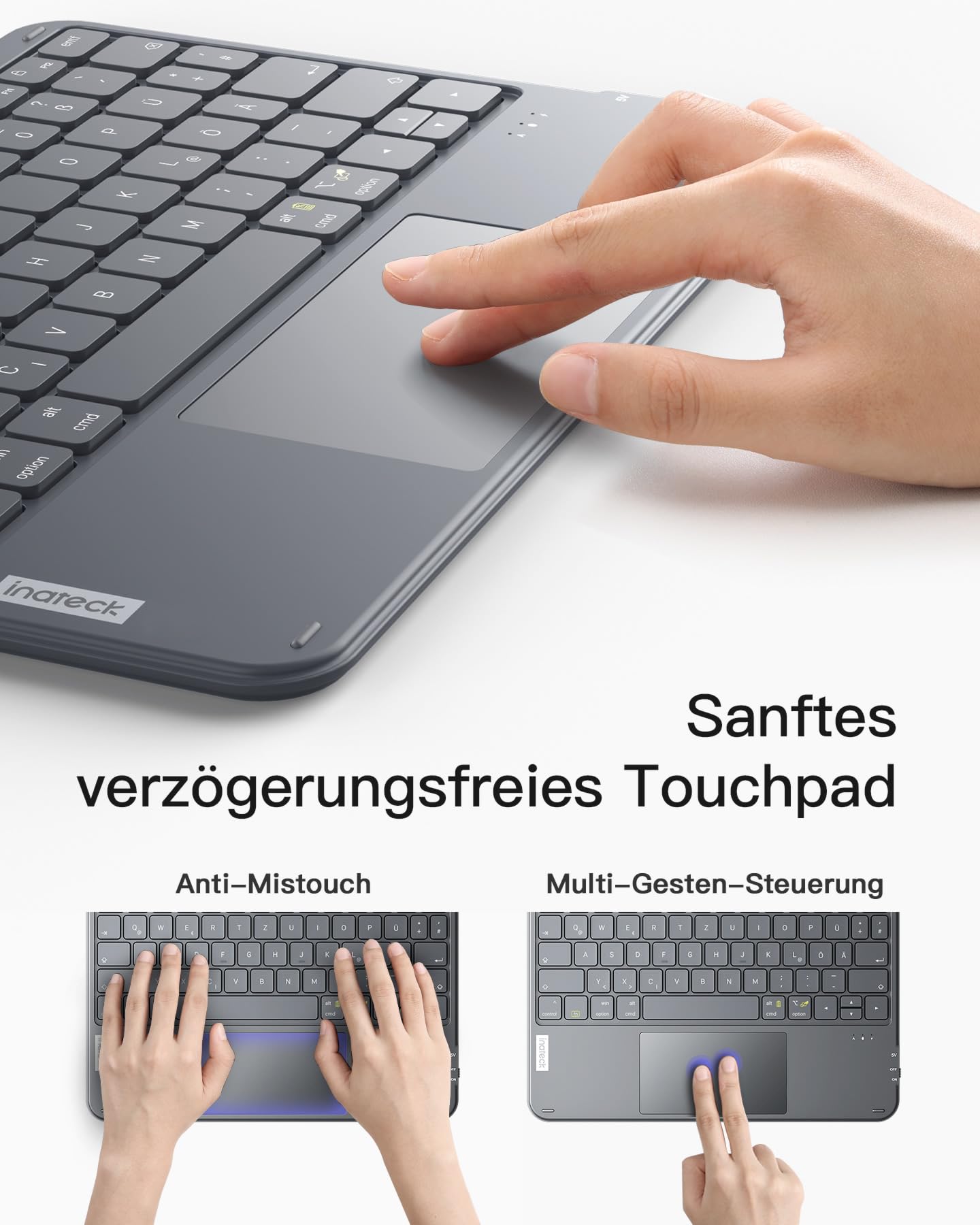 Inateck Tablet Tastatur mit Touchpad, Ultraleichte Tastatur Kabellose QWERTZ Deutsch mit Trackpad, kompatibel mit iPad/Tablet/Windows/Laptop/PC,KB01105