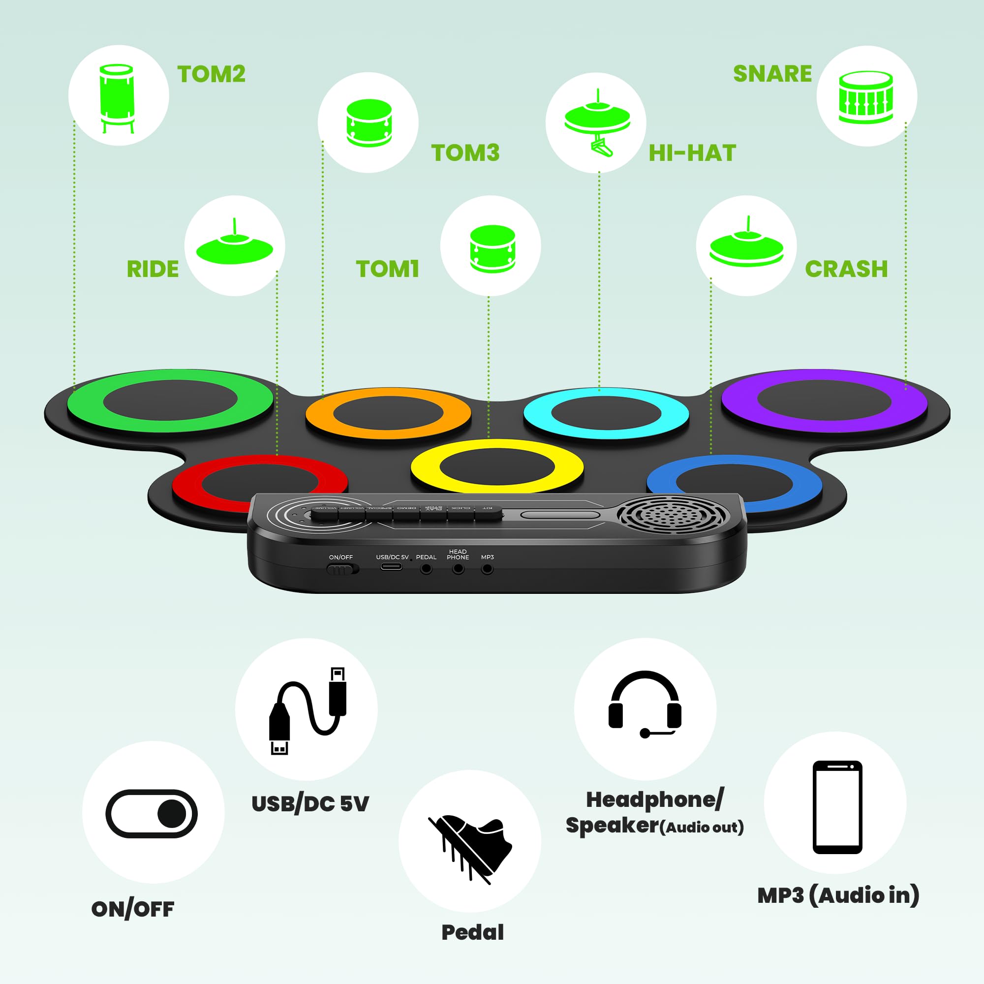 Electric Drum Set Built-in Speaker, Kids Drum Pad and Sticks, Portable Roll Up Drums Practice Pad for Kids, Great Birthday for Girls Boys