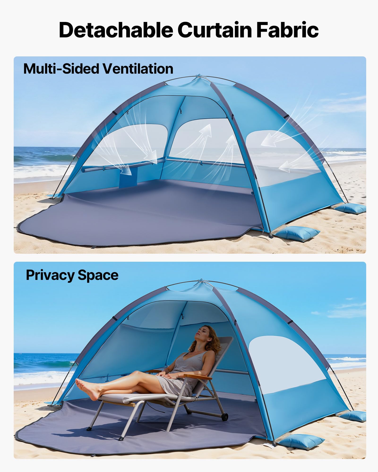 VEVOR Tienda de Playa para 3 Personas, Carpa de Refugio de Sol Protección UPF 50+, Carpa Portátil de Playa con Bolsa de Transporte y Bolsillos para Arena, para Acampar, Pescar, Picnics al Aire Libre