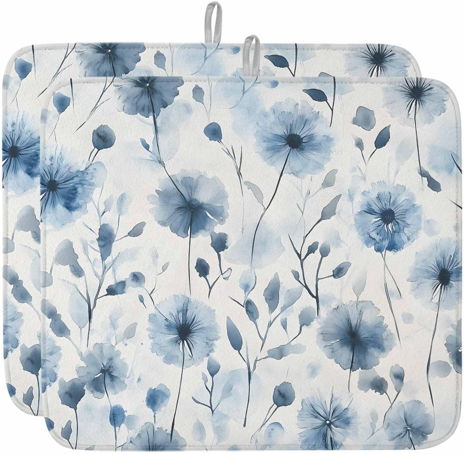 Dish Drying Mat Set of 2 Pastoral Blue Dandelion Microfiber Absorbent Reusable Washable Dish Drying Rack Mat Spring Flowers Coffee Mat for Coffee Maker Bar Kitchen Countertops 16x18inch