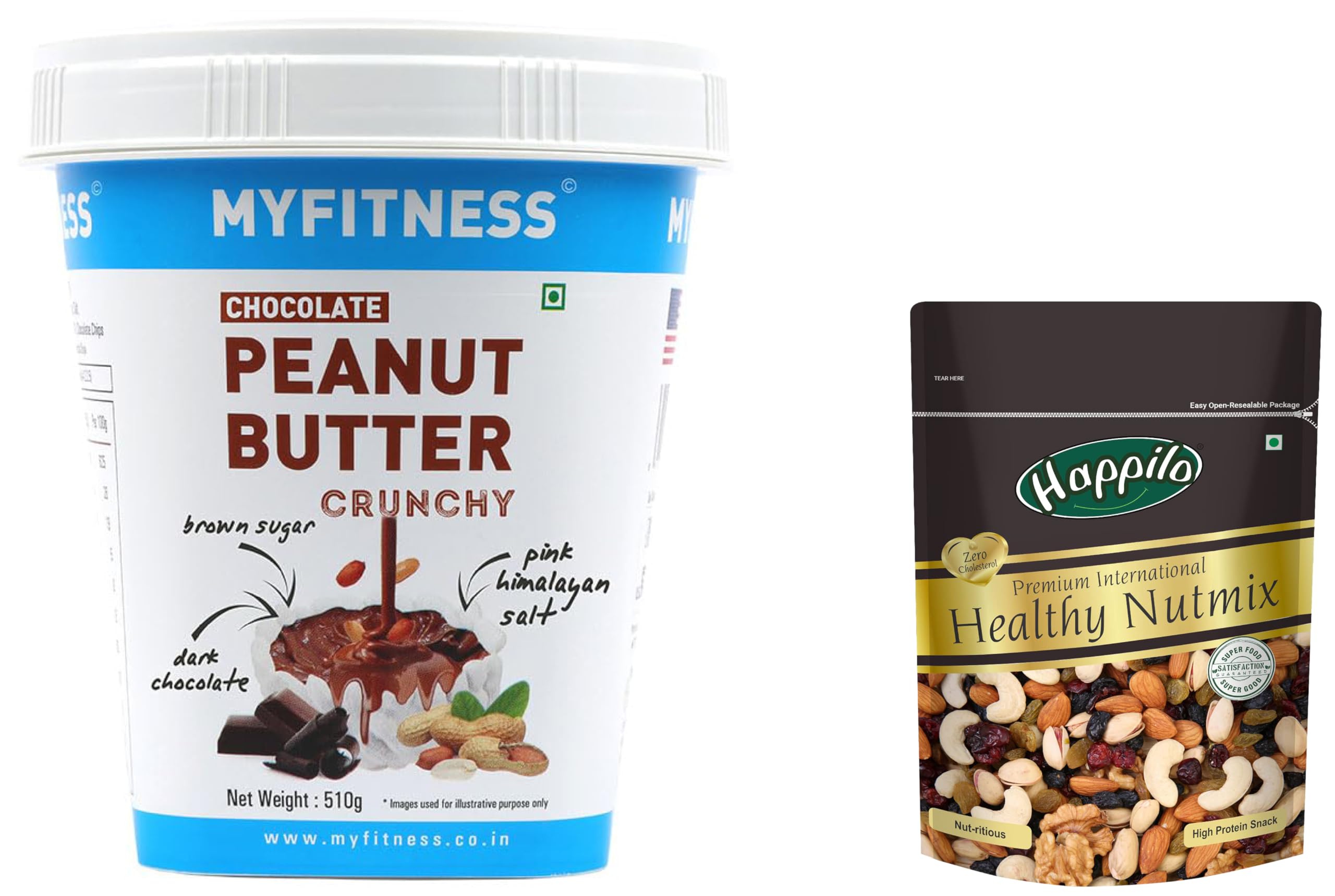 MYFITNESS Chocolate Peanut Butter Crunchy 510g | 23g Protei & Happilo Premium International Healthy Nutmix 200g