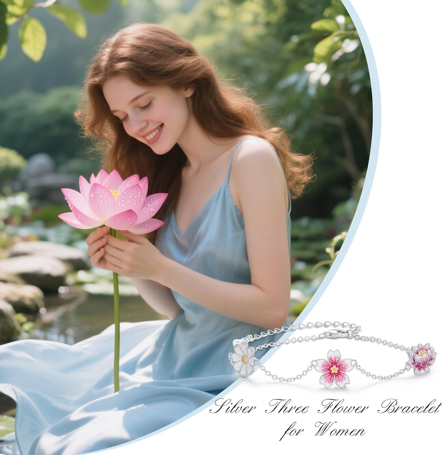 Three Flower Bracelet for Women,925 Sterling Silver Daisy/Cherry Blossom/Lotus Bracelets,Birth Flowers Jewelry Anniversary Birthday Gifts for Girlfriend Wife 7''+2'' - Image 5