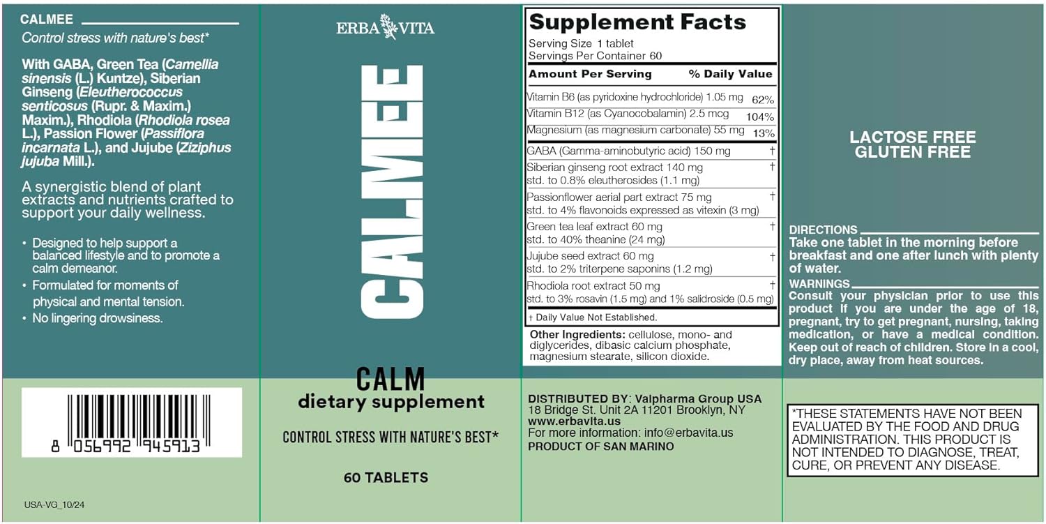 Erba Vita Calmee Unwind GABA Supplement 60 Tablets - Dietary Supplement with Rhodiola Rosea to Support a Balanced Lifestyle and Promote a Calm Demeanor - Image 5